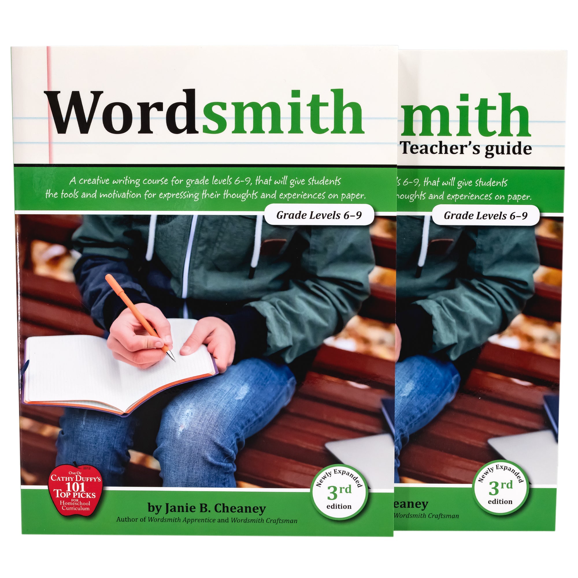 Wordsmith 2-book set. Both books have a background of notebook paper at the top and 2 green bands under. Between the green bands is a picture of a boy writing in a journal. Teacher's Guide is to the right and tucked behind the student book.