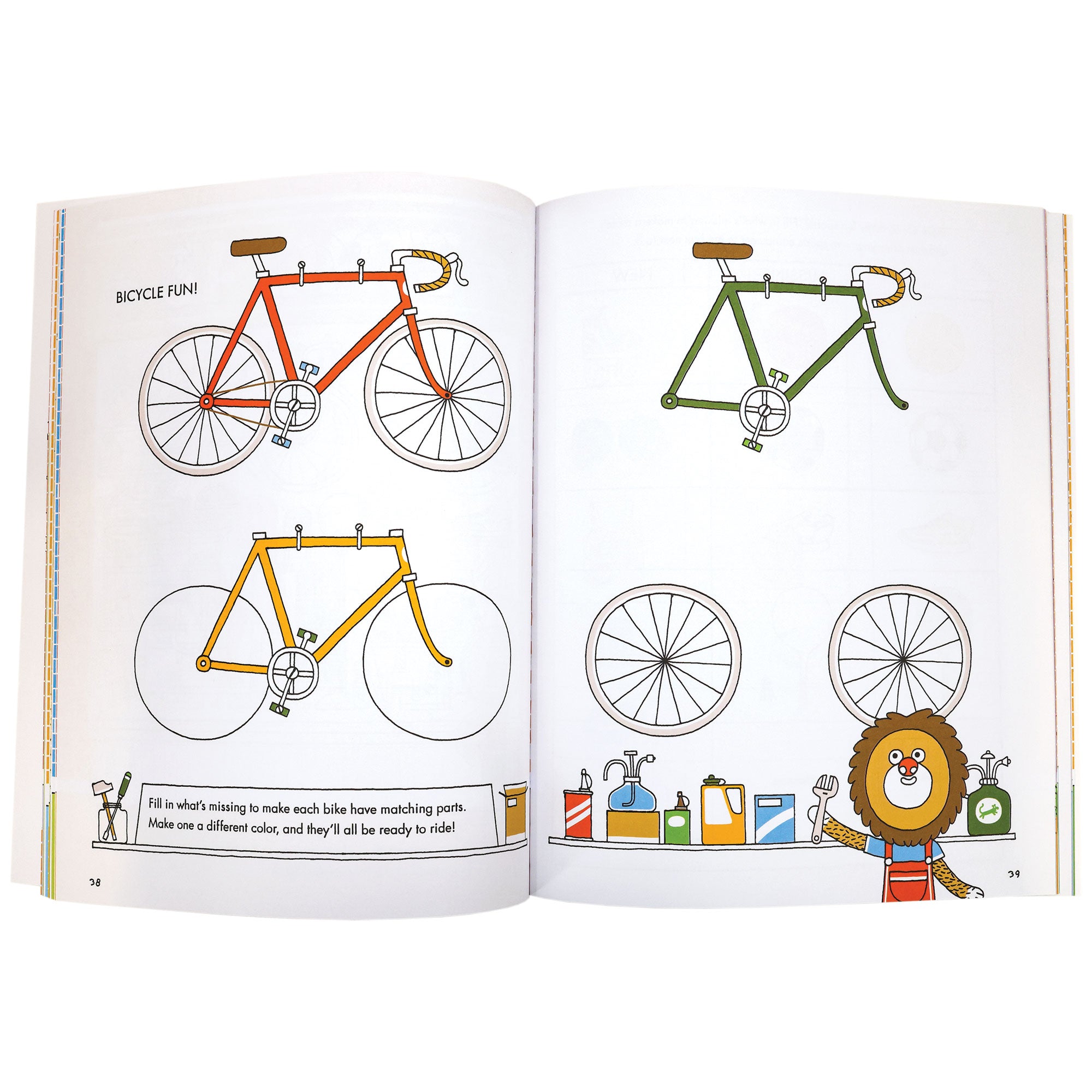 "What's New? What's Missing? What's Different?" book open to show inside. Left page shows 2 bikes; one red on top and one yellow below that is incomplete. On the right page is the body of a green bike, but with no wheels. Below that is a pair of wheels, but no bike body. The instructions say to complete the bikes. There is an illustration of a lion below holding a wrench and standing in front of a shelf with oil cans on it.