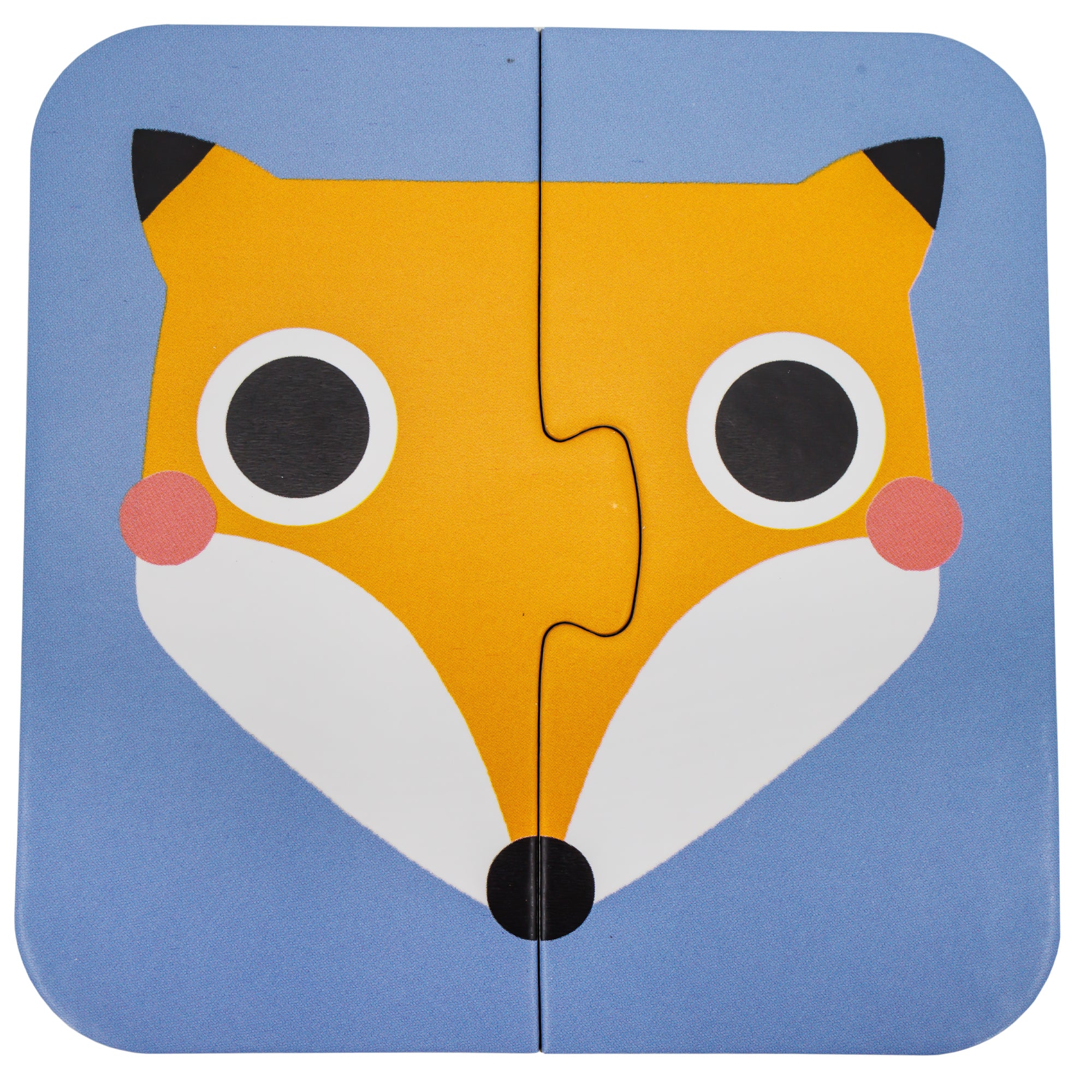 On the Go, Puzzle Halves, Faces puzzle put together. The picture is of a fox on a periwinkle background. The face is orange with white at the bottom and has pink cheeks, wide eyes, and black tips on the ears. There is a seam with a tab down the middle where the puzzle separates.