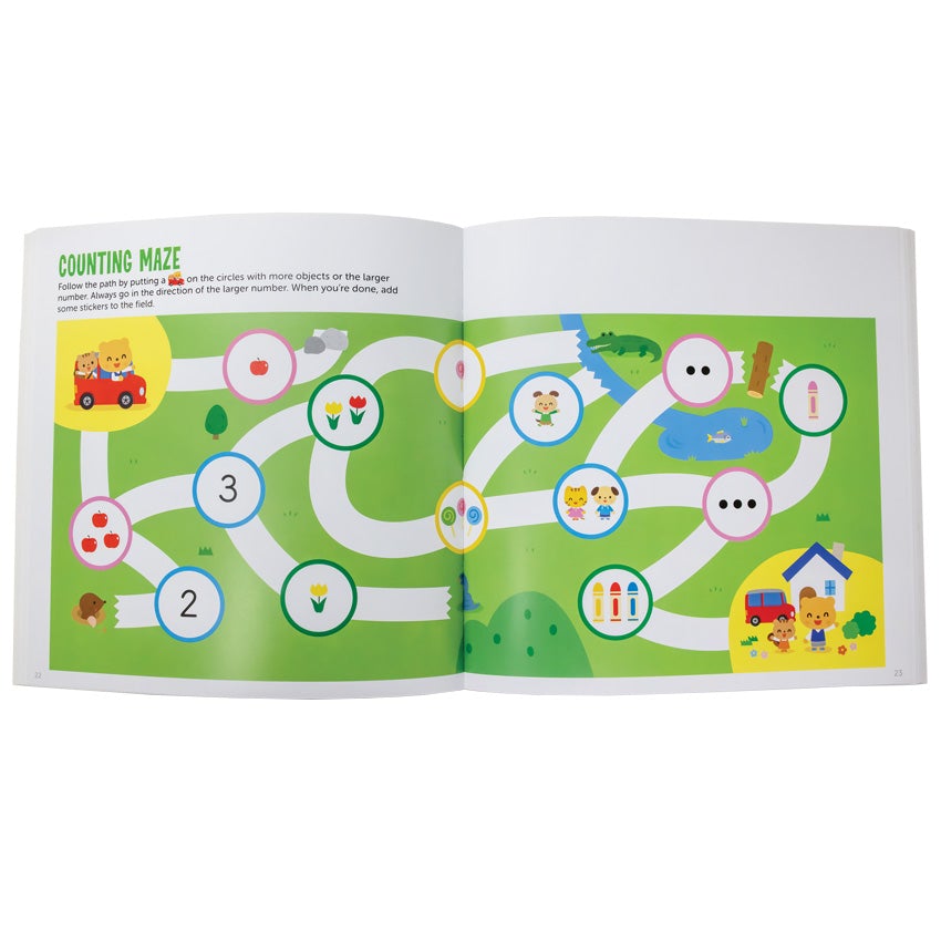 Sticker Superstar book open to show a "counting maze." There is a red car with an animal family trying to get home. There are white roads everywhere and counting pictures throughout over a grass background with trees and a river. At the end of the maze is the family at home, cheering.