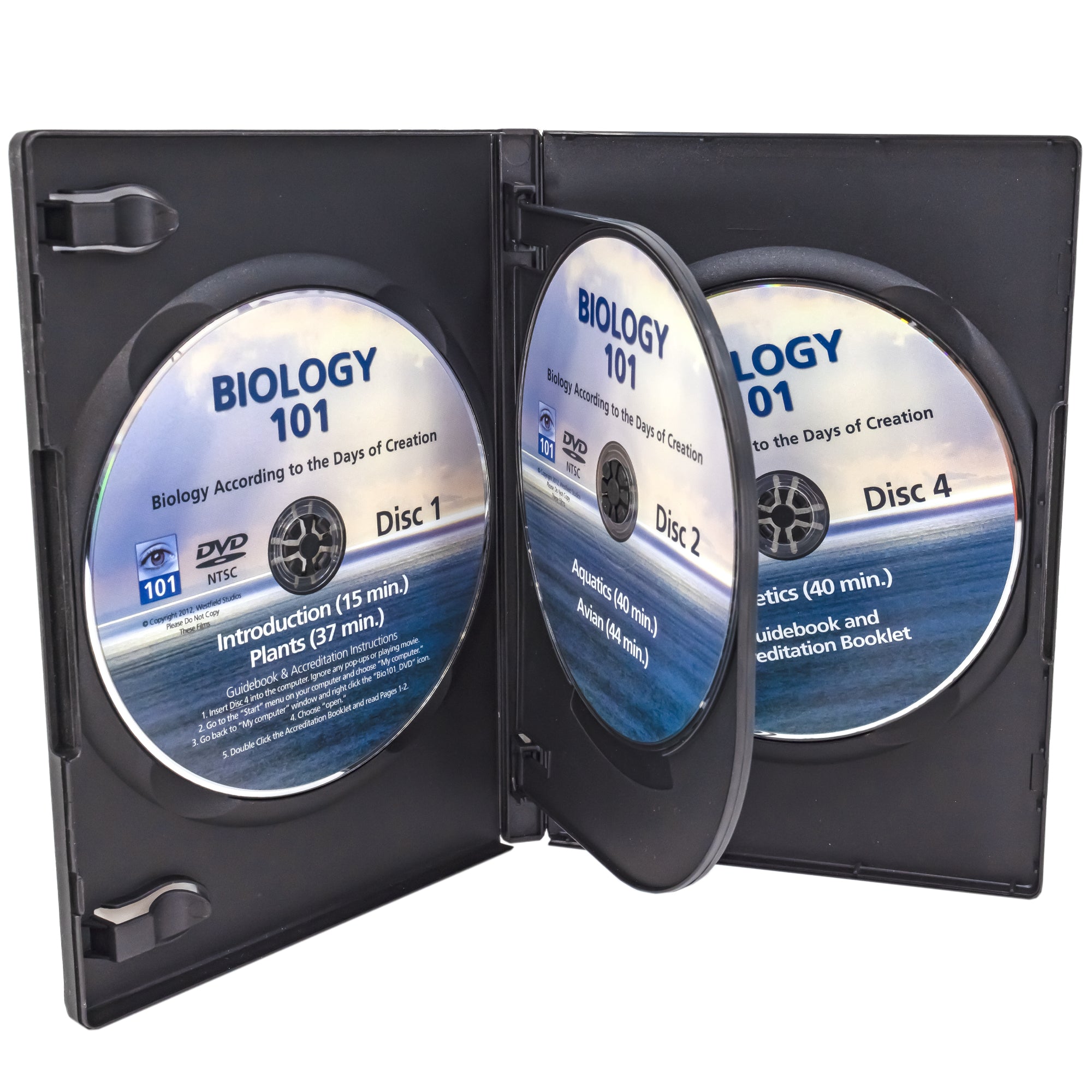 Biology 101 DVD case open to show the discs inside. There are 2 discs on the walls of the case, and 2 attached to an insert in the middle of the case.