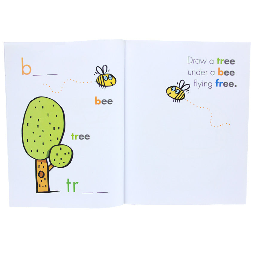 Open I Can Doodle Rhymes book. On the left page is a bee flying above a tree. The text "bee" and "tree" are written in the middle. On top is a b with 2 dashes to fill in the word. On the bottom is a t and r with 2 dashes to fill in the word. On the right is a bee flying and the text "draw a tree under a bee flying free."