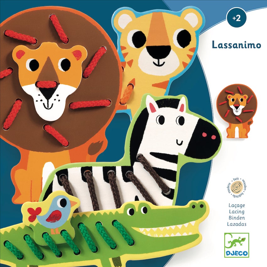 Djeco Wooden Lacing Zoo Animals box showing 4 animals laced with different colored strings. The lion in the top-left has red lacing, the tiger to his right has orange lacing, the zebra below has black lacing, and the alligator with a bird on its’ back has green lacing. Age recommendation is 2 +.
