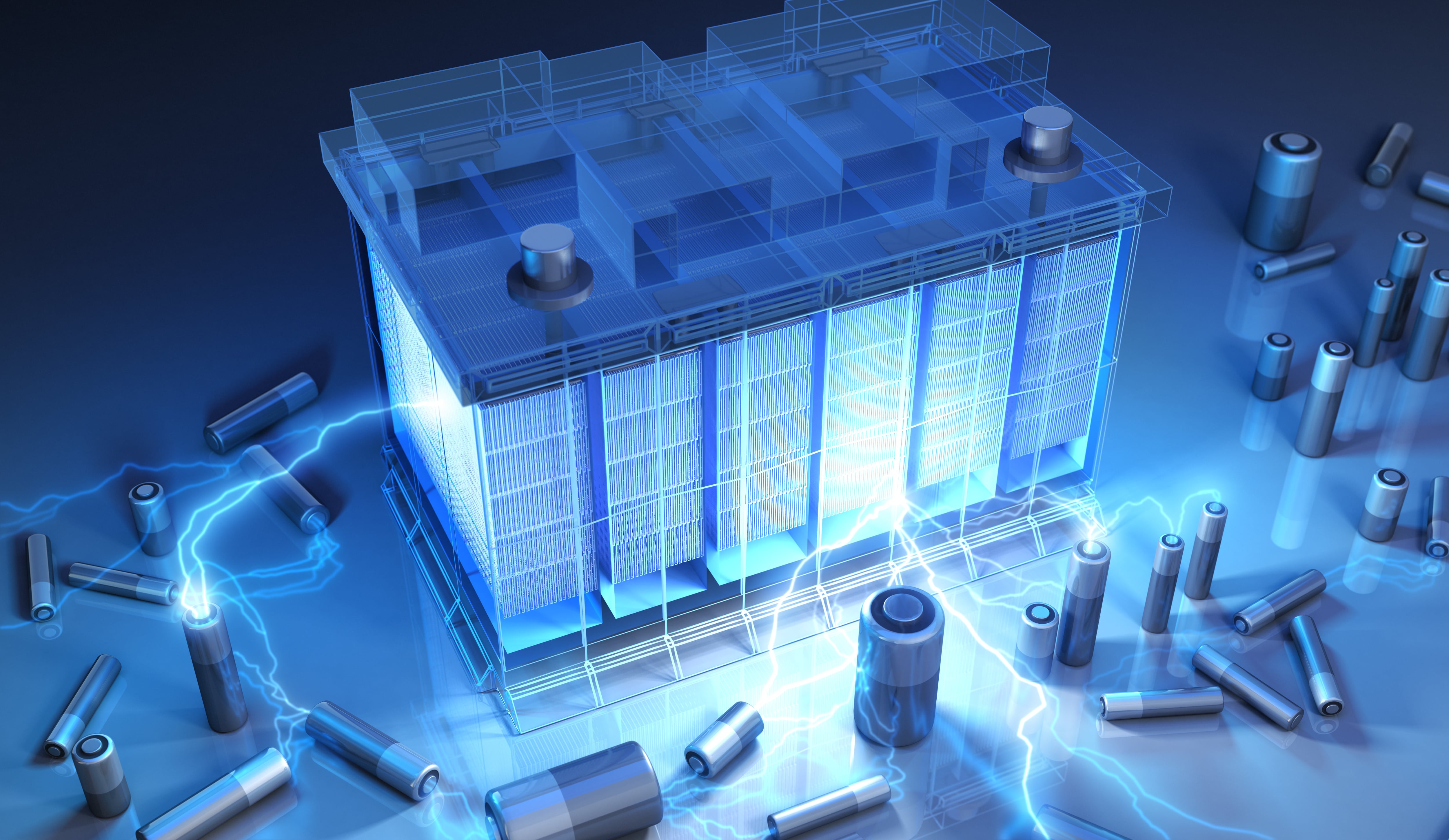 large lead acid battery lit up by bright blue glowing light showing synthesis of energy between small device batteries