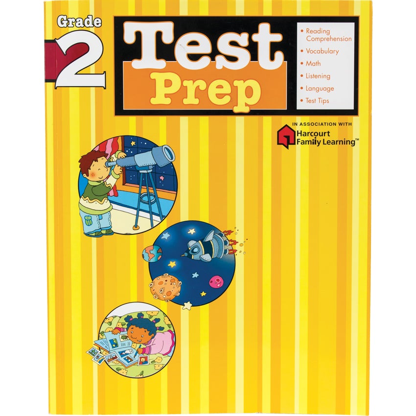 Test Prep Grade 2 book. The background is striped with different shades of yellow. The title at the top is next to a list of items covered in the book, including; Reading Comprehension, Vocabulary, Math, Listening, Language, and Test Tips. Below and to the left are 3 illustrations in circle frames. The top one is of a boy using a telescope, the middle and slightly right is a space scene with a ship with planets and stars, and the bottom is of a girl laying on a couch looking through a photo album.