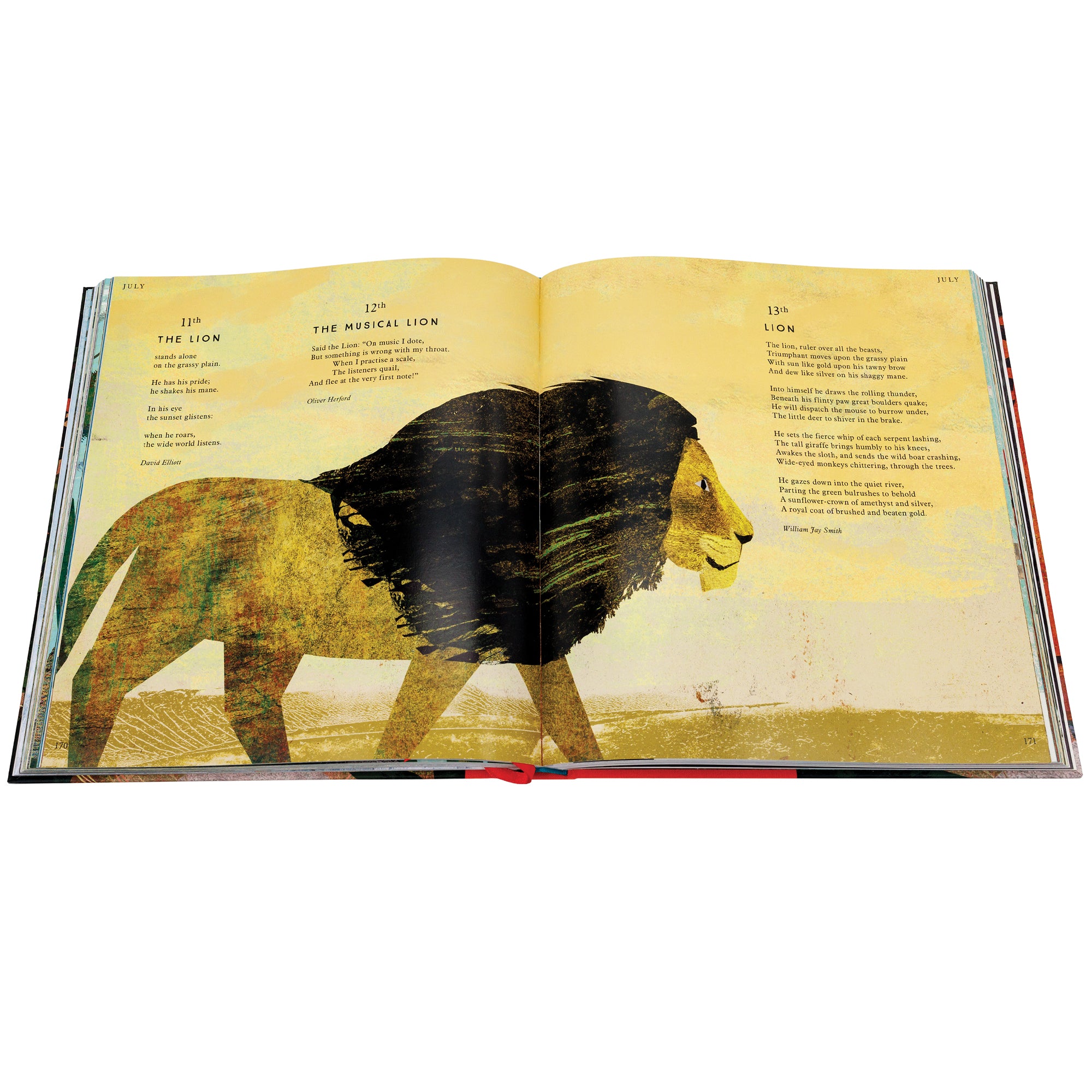Tiger, Tiger, Burning Bright book open to show 3 poems titled "The Lion,” “The Musical Lion,” and “Lion.” The illustration shows a lion walking across an African desert. The coloring is mostly dark yellow and appears to be watercolor.