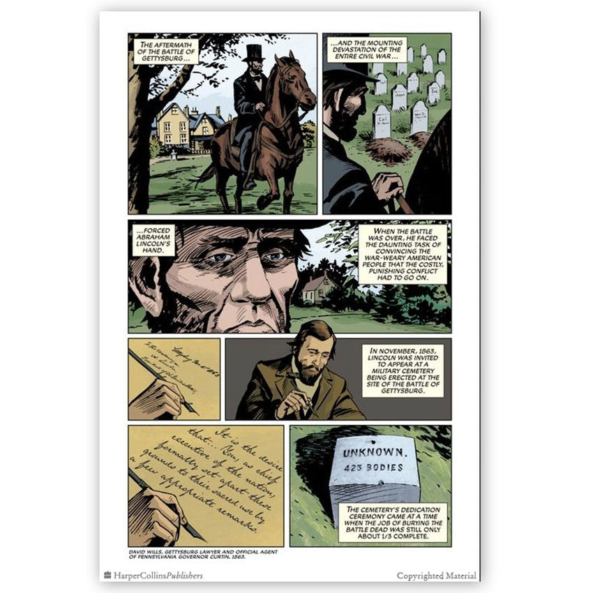 The Gettysburg Address sample page showing Lincoln visiting a Gettysburg graveyard.