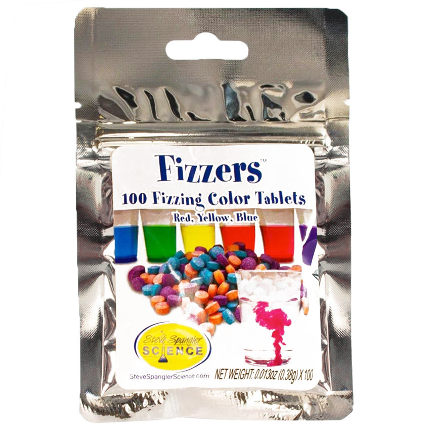 Foil colored Color Fizzers pouch package with a sticker label on the front showing colored water in glasses with tablets in front and a glass with water in the process of being colored by a red tablet. The Steve Spangler Science logo is located in the lower-left of the sticker label.