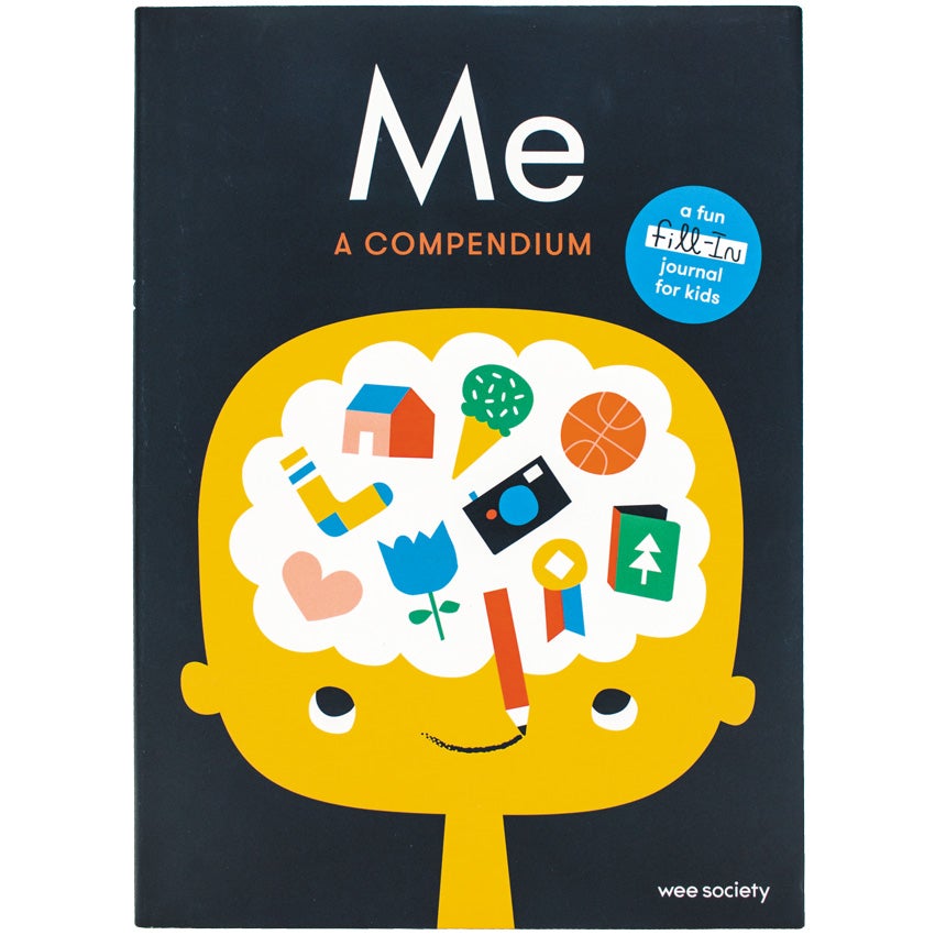 Me: A Compendium cover. The background is black with a yellow head and neck. Inside the head is a white thought bubble with several items scattered, including; a heart, sock, house, ice cream cone, flower, camera, basketball, award, book, and a pencil that is drawing a smile in between the eyes on the yellow head.