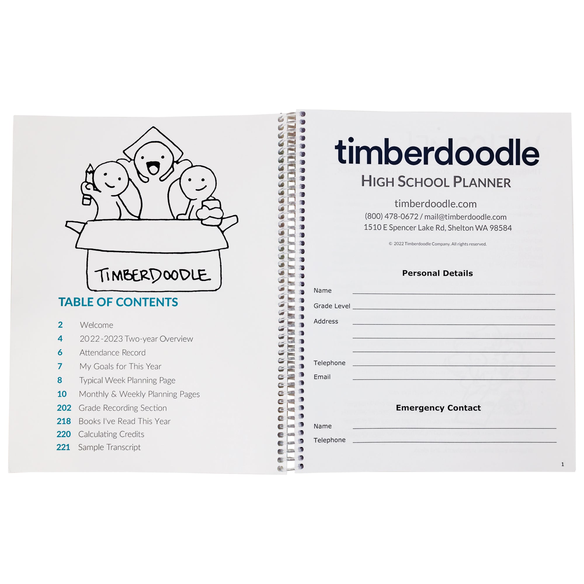 The Timberdoodle 2022 to 2023 High School Planner open to show the table of contents. On the top of the left page, there is a doodle drawn by a customer of 3 children jumping out of a Timberdoodle box. The Table of Contents title and page numbers are teal. The right page shows The book title, Timberdoodle info, spots for personal details, and a spots for emergency contacts.