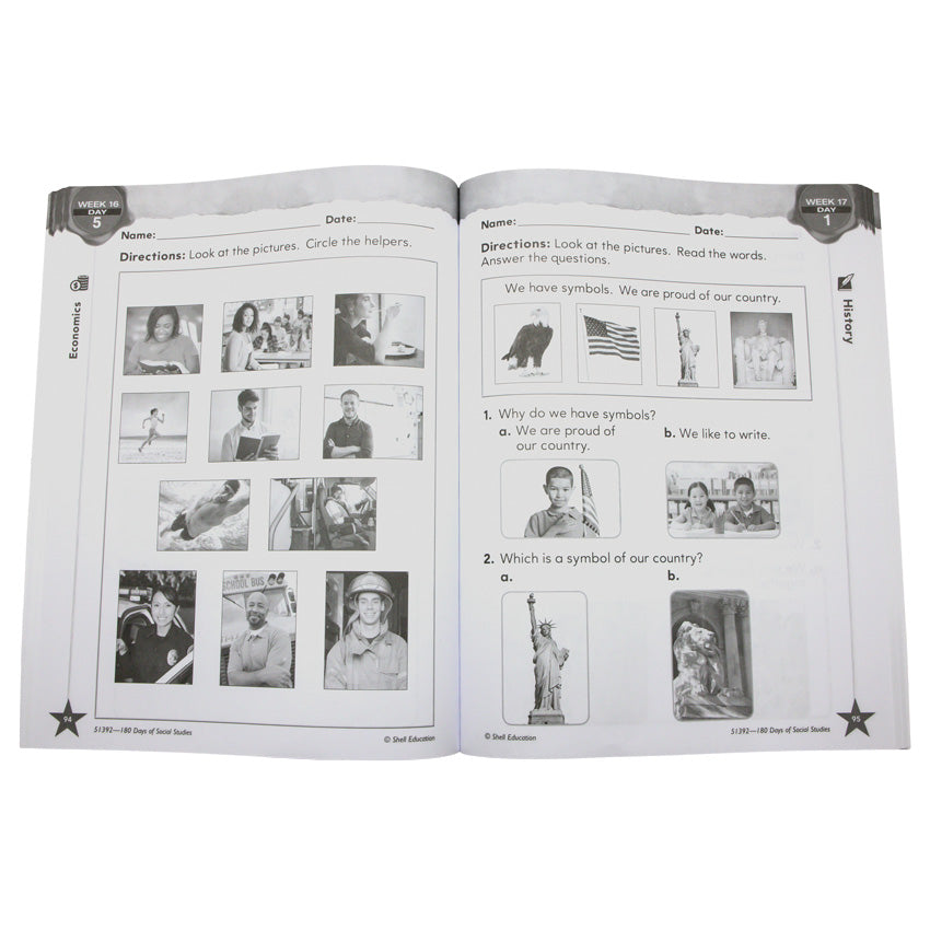 180 Days of Social Studies for Kindergarten book open to show inside pages.  Each page shows many pictures. The left page instructs you to look at the pictures and circle the helpers. The right page instructs you to look at the pictures, read the words on the page, and answer the related questions. The images to select are patriotic images.