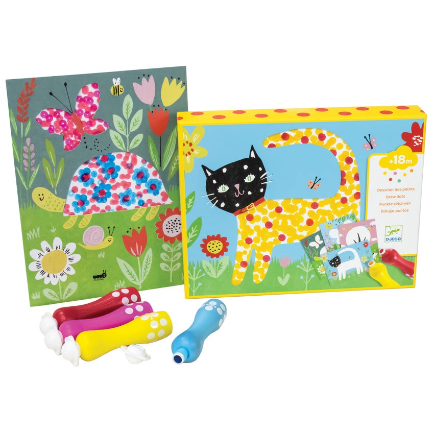 The Djeco Spot the Dot kit box with a project standing up in front of 4 dot markers. The project on the left is of a turtle and butterfly. The smiling turtle is on grass, surrounded by flowers, butterflies, and other woodland bugs. The set box on the right shows a cat standing on grass, also surrounded by flowers and bugs. The dot markers in the front-left are red, pink, yellow, and blue. 