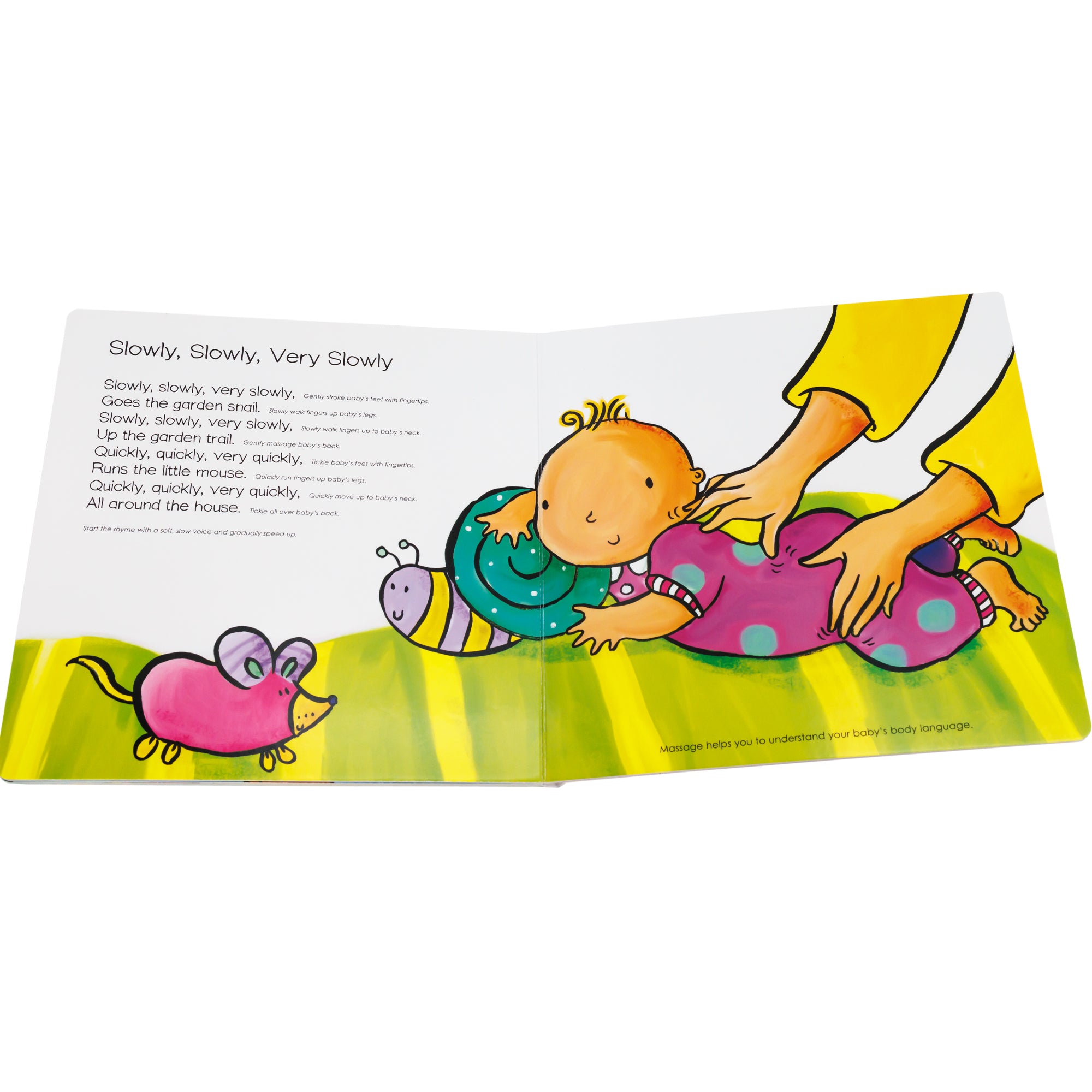 Inside book showing a baby laying on her tummy playing with a snail toy and being tickled by a pair of hands.