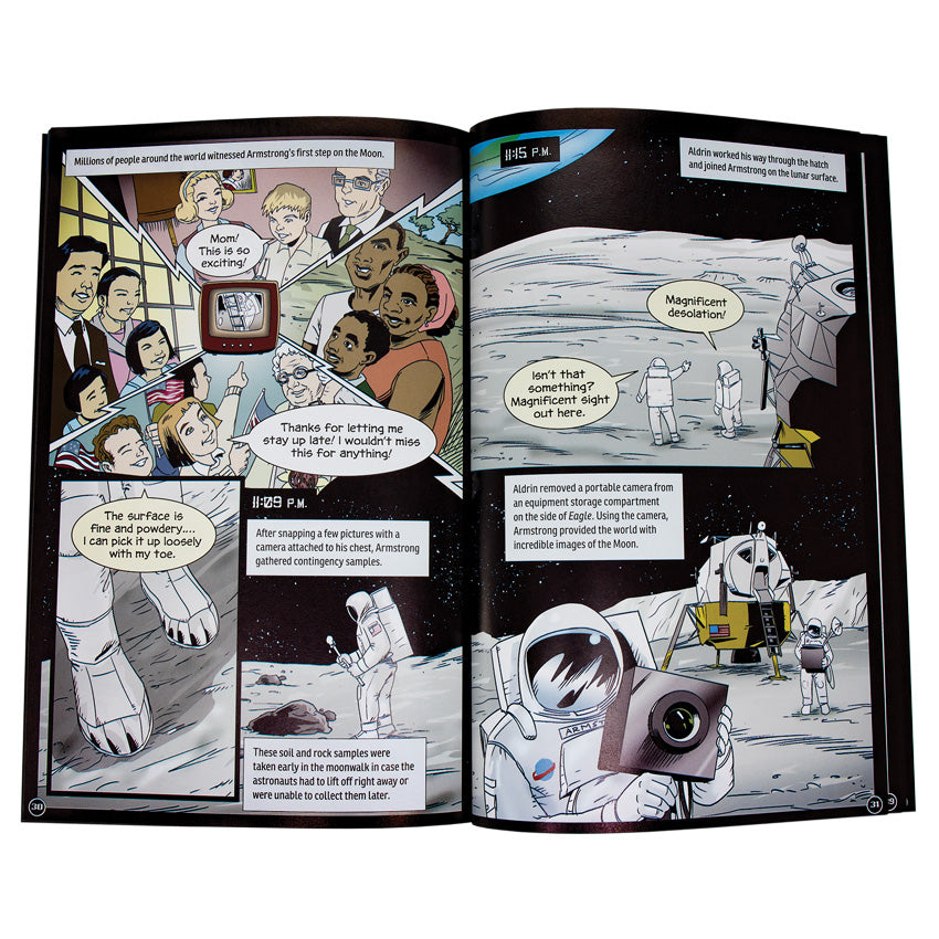 24 Hour History, The Complete Graphic Novel Collection book open to show inside pages. The left page shows families all over watching Armstrong’s first steps on the moon on television. The right page shows Aldrin joining Armstrong on the surface of the moon as the 2 are awestruck at the site. They take pictures and samples. The book is a comic book style layout with squared illustrations and talk bubbles.