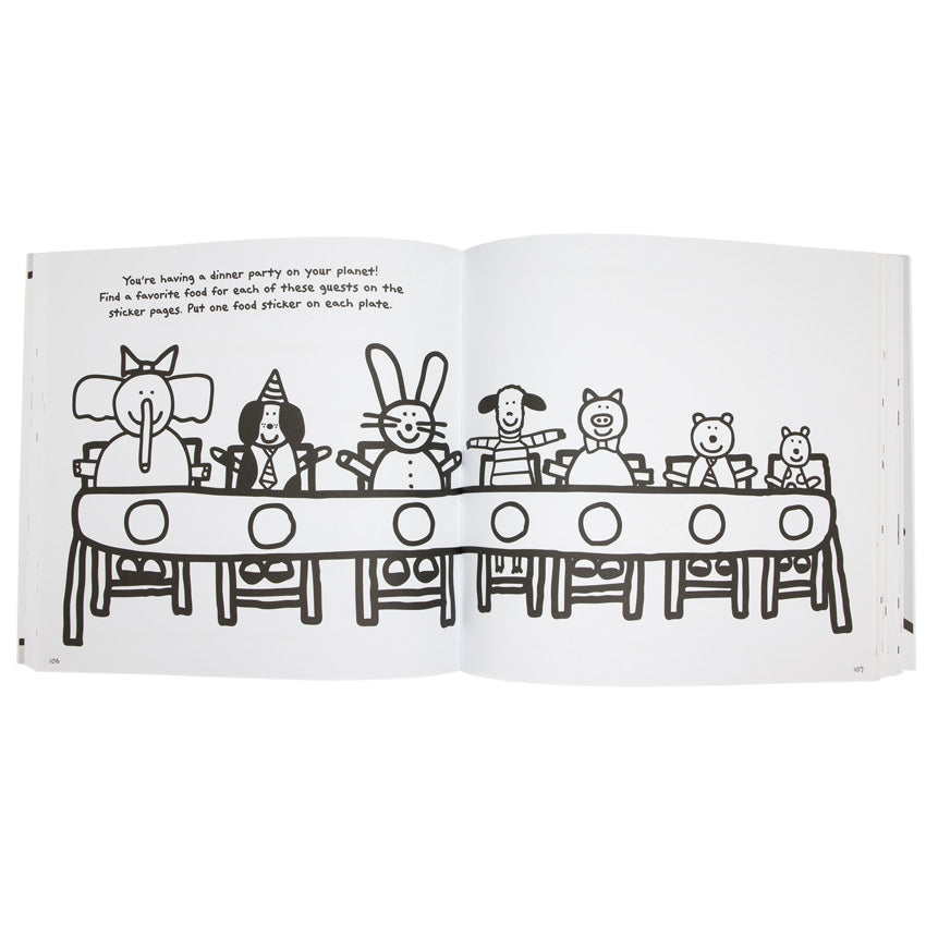 Create Your Own Planet book open to show inside pages. There is a very long table stretched out over the 2 pages with animal doodles sitting at the table with a plate in front of them, all facing forward. The text reads “You’re having a dinner party on your planet! Find a favorite food for each of these guests on the sticker pages. Put one food sticker on each plate.”