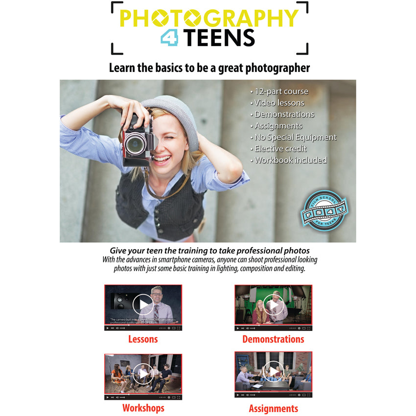 Photography 4 Teens program screenshot showing an image at the top of a smiling blonde teenage girl taking a picture, holding her hat down with her left hand, and holding an old camera with her right. There are cement steps behind the girl, out of focus. Over the picture is a logo and descriptive text. Below are 4 screenshots with a play button over the tops. The screenshots are titled "lessons," "workshops," "demonstrations," and "assignments."