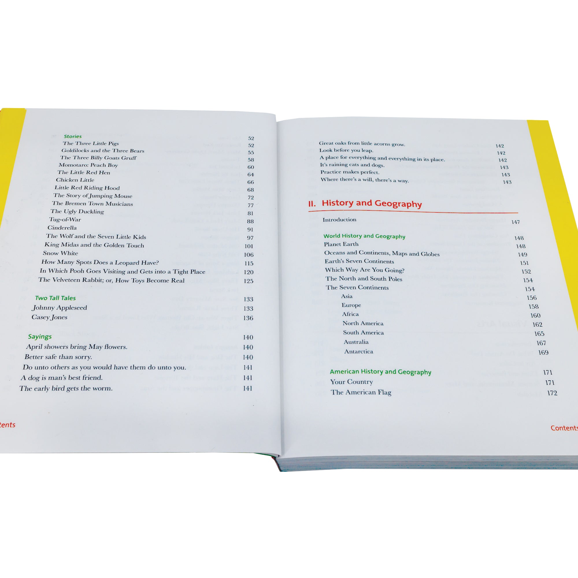 The What Your Kindergartener Needs to Know book open to show the contents on a white page with a yellow boarder along the outsides of the pages. The section titles are in red with green subsection titles and black text below. Section 2 is titled “History and Geography.”