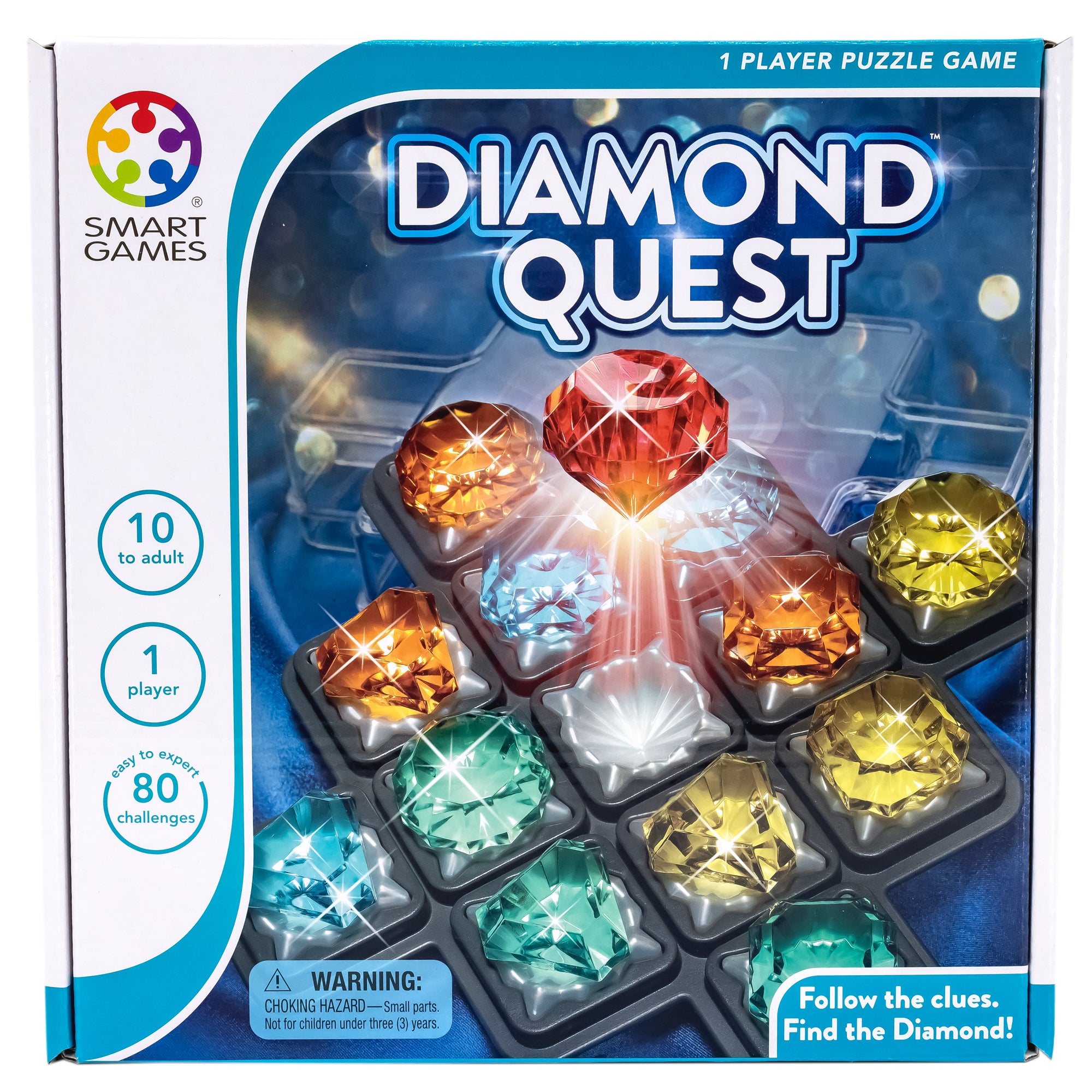 The Diamond Quest Smart Game box cover showing the game board with the gem pieces all in place. One red gem in the middle is elevated above the board with shining starbursts coming from the piece. The box indicates the game is 1-player and recommended for ages 10 and older. There are 80 challenges.