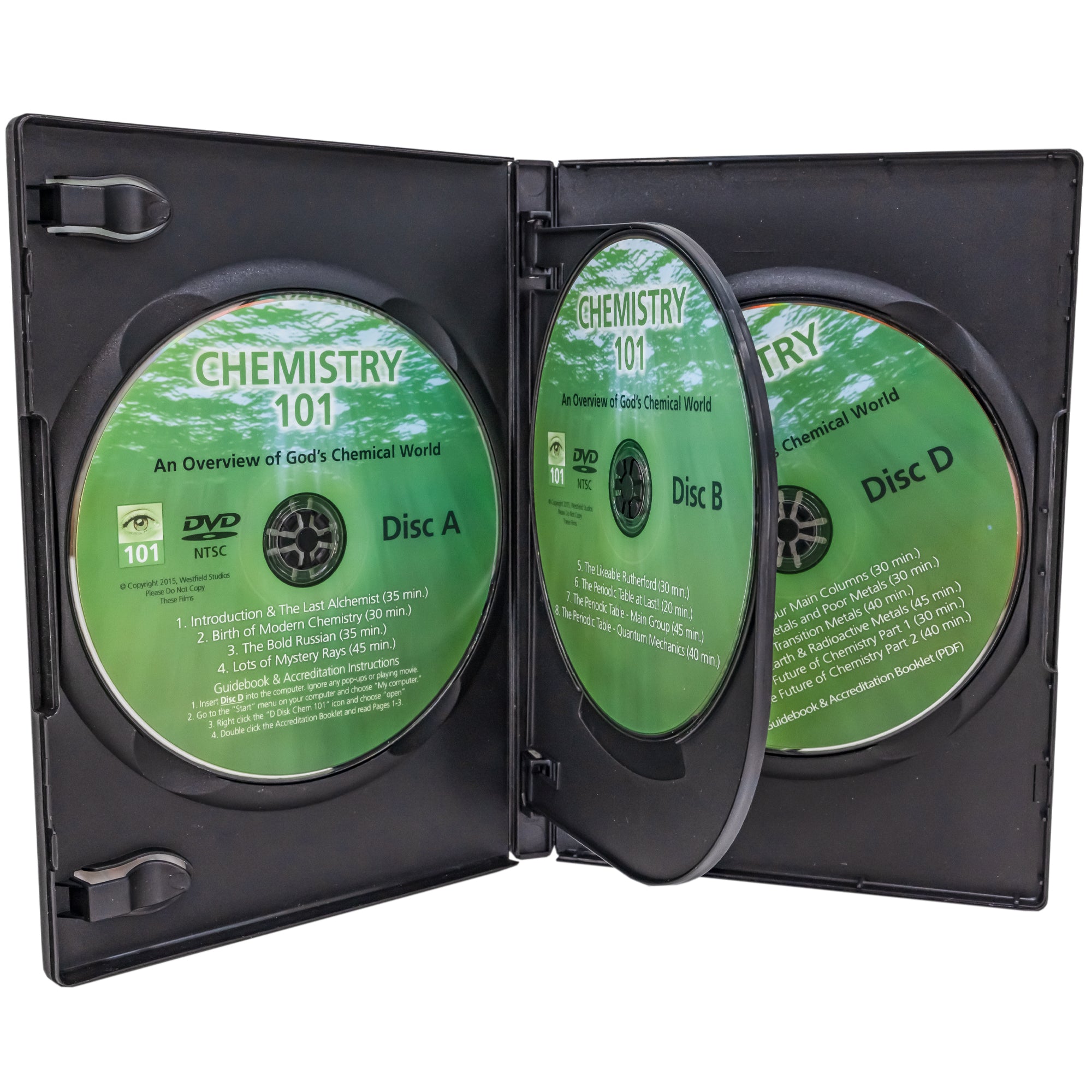 Chemistry 101 DVD case open to show the discs inside. There are 2 discs on the walls of the case, and 2 attached to an insert in the middle of the case.