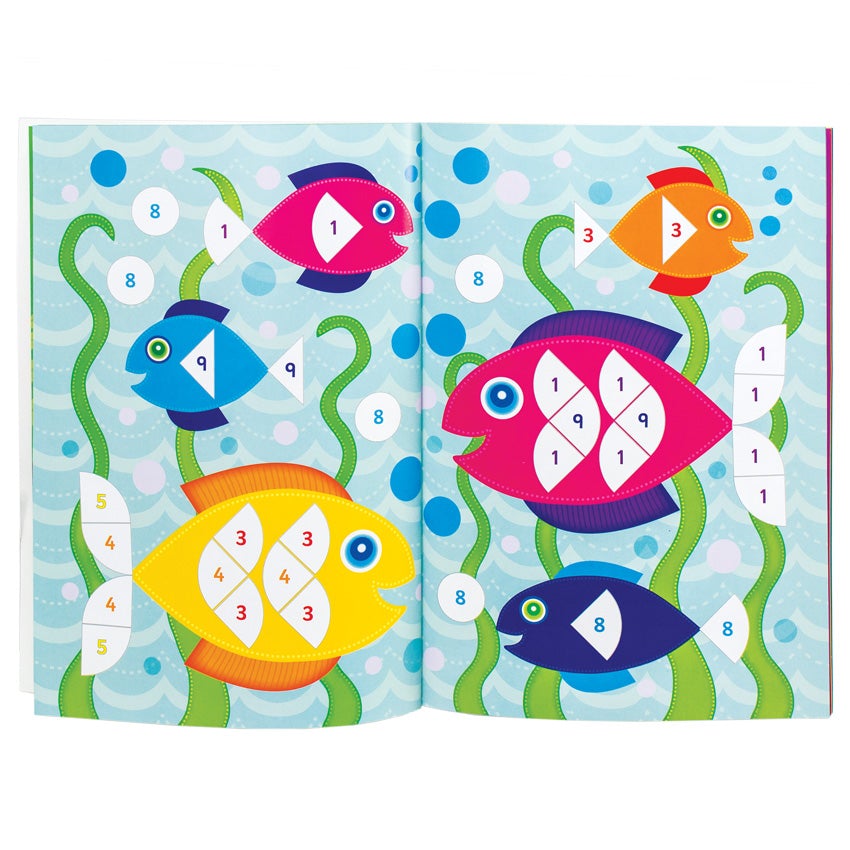 My First Sticker by Numbers Book open to show 6 fish under the sea surrounded by seaweed and bubbles. The multi-colored fish have white shapes with missing color and a number in the middle. The numbers direct you to place that numbers sticker on that position.