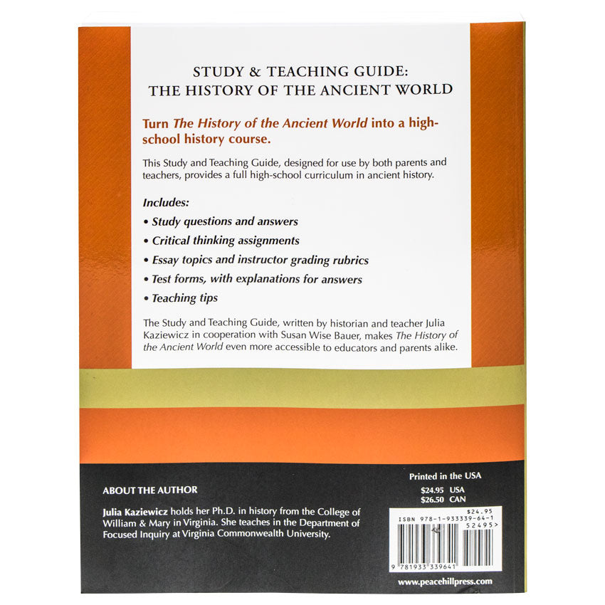 The History of the Ancient World Study Guide back cover. The cover is mostly white in the middle with a black bottom and orange borders on each side. Text on the back shows that the book includes “study questions and answers, critical thinking assignments, essay topics and instructor grading rubrics, test forms with explanations for answers, and teaching tips.”