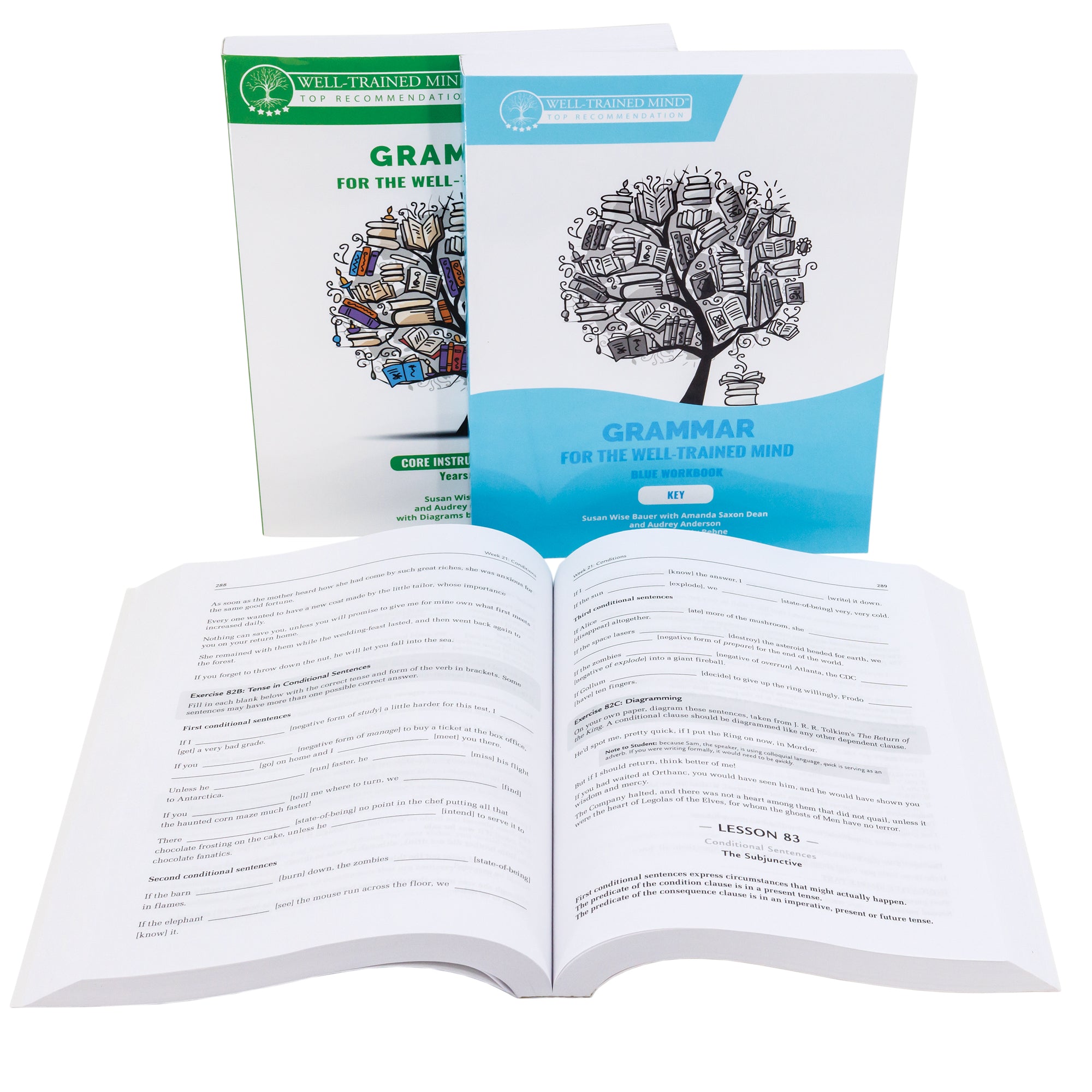Grammar for the Well-Trained Mind Blue bundle of 3 books. There are 2 books standing in the back and one book laid open in front of them, showing a review of lesson 82 and 83. The standing right book has a white top and blue bottom with a wave shape between the 2 colors. There is an illustration in the white section of a tree with books for leaves and a stack of books near the trunk. The title is in the blue section at the bottom. Tucked behind the blue book is a green version of the book.