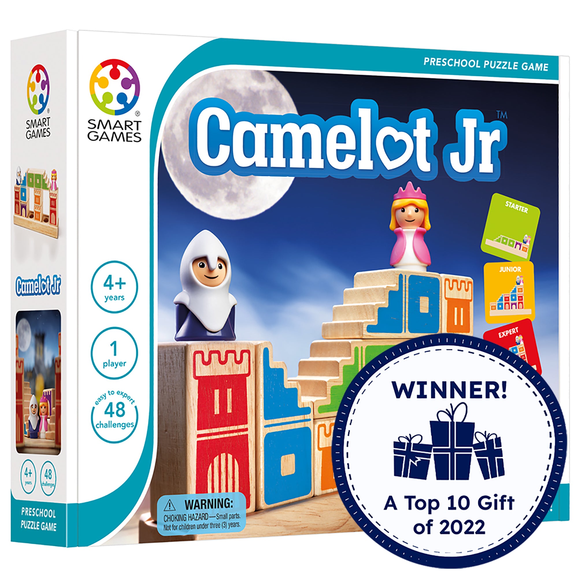 Camelot Junior game box. The box is standing, showing the cover. The main part of the cover shows the game in play with a knight piece and a princess piece standing on top of several wood block pieces with castle walls painted on them in different colors. You can see a few challenge cards on the right. The box indicates that it is a 1 player game for ages 4 and up. There are 48 challenges. There is a badge reading “Winner! A top 10 gift of 2022” in the bottom-right.