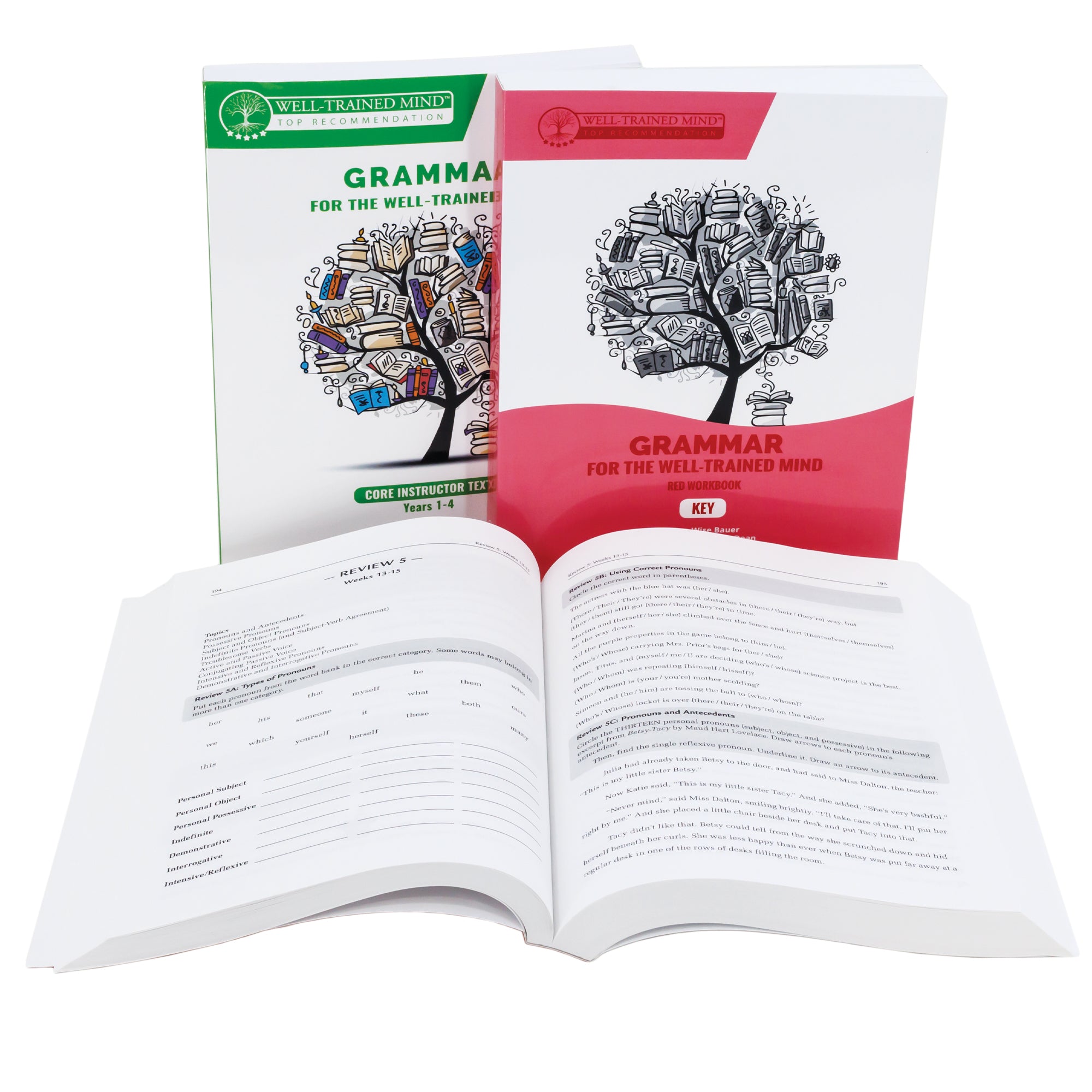 Grammar for the Well-Trained Mind red bundle of 3 books. There are 2 books standing in the back and one book laid open in front of them, showing a review of lesson 5. The standing right book has a white top and pink-colored bottom with a wave shape between the 2 colors. There is an illustration in the white section of a tree with books for leaves and a stack of books near the trunk. In the pink section at the bottom is the title. Tucked behind the pink book is a green version of the book.
