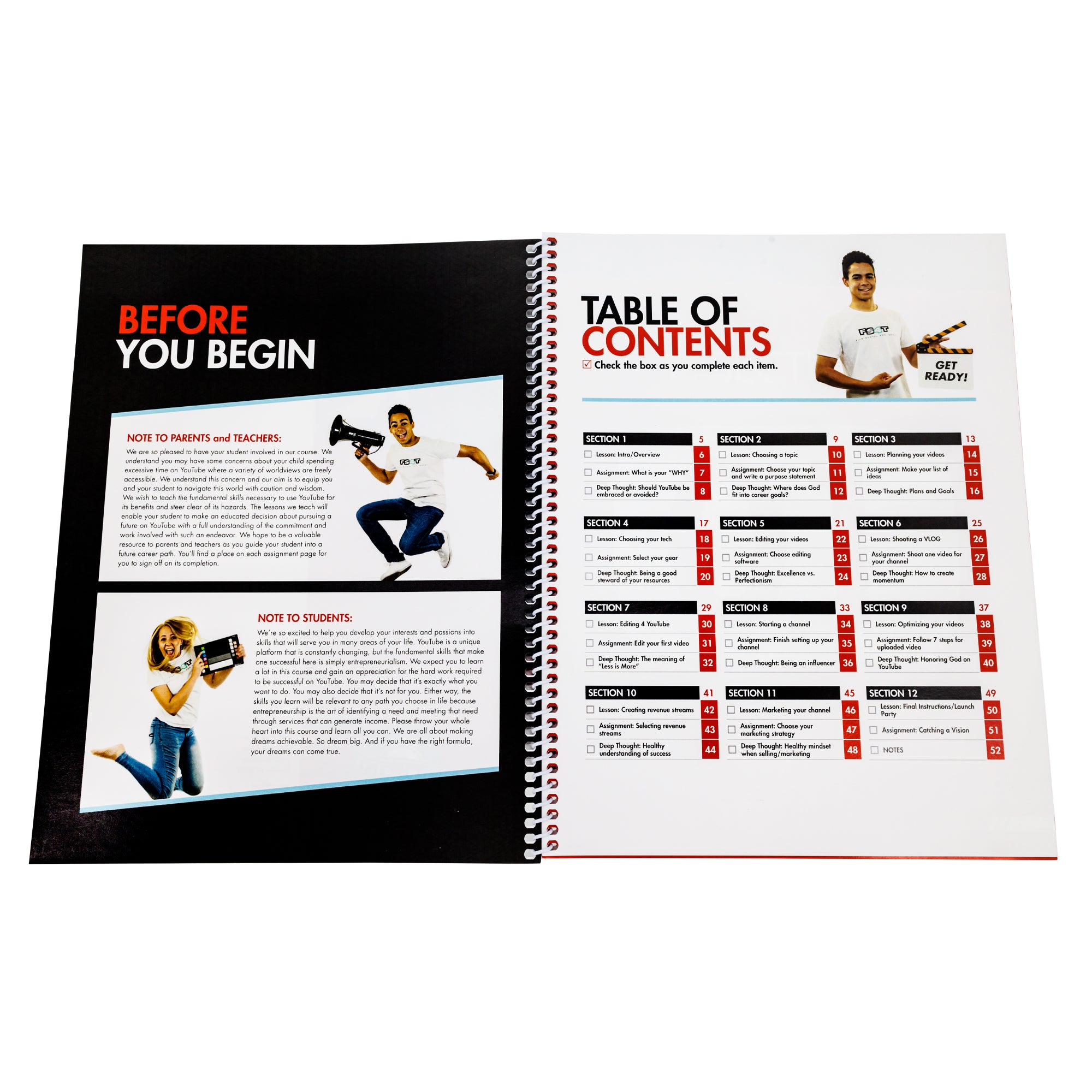 The spiral bound Intro to Filmmaking is open. The left page has a black background with 2 pictures of teenagers and important notes. The teenage boy in the top pic is holding a megaphone and squatting down. The girl in the pic below is holding a color checker board and jumping into the air. The right page shows the contents with 12 sections and checkboxes as you go. In the top-right is a teenage boy with a clapperboard that reads "get ready."