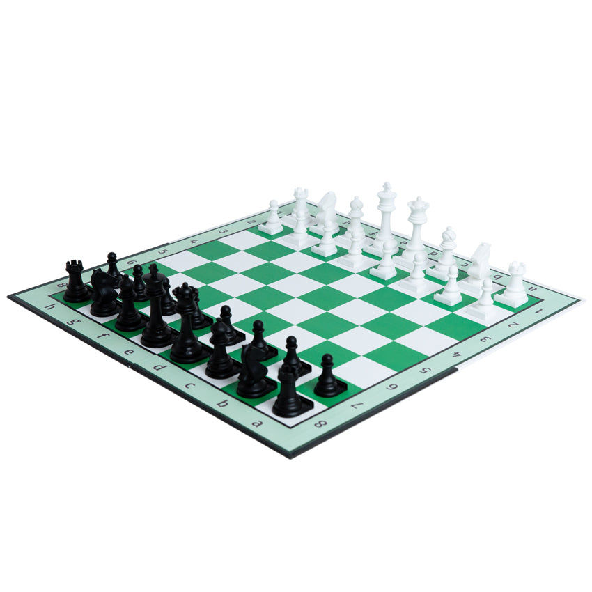 Story Time Chess alternate option board of standard chess. The board has a mint green boarder with letters and numbers written on it. The rest of the game board is checkered white and dark green. The chess pieces are black on the bottom side, and white on the top. The pieces are set in their starting position.