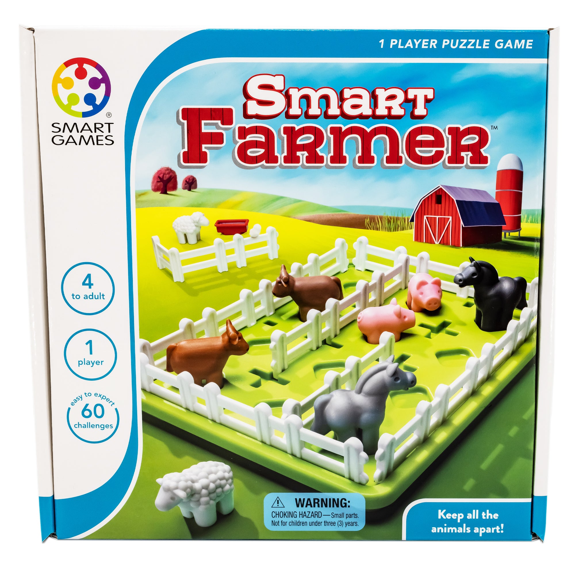Smart Farmer game box. The cover shows the actual game in play. The green rectangle-shaped game board has white fence pieces all around the edge and a few through the middle. You can see cows, pigs, and horses inside the fence. Off to the side are 2 sheep, more fence pieces and a water dish. In the background are rolling green hills and a red barn. The box indicated that it is a 1 player game, the age recommendation is for 4 and older, and there are 60 challenges.