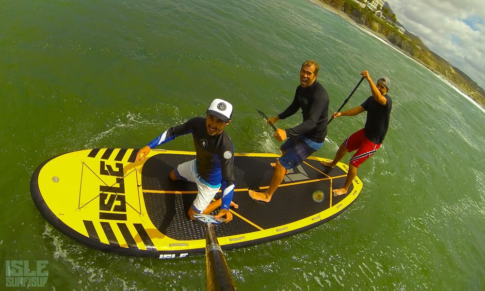 isle riders marc craig and chad taking on the huge surf with the giant inflatable megalodon paddle board mexico