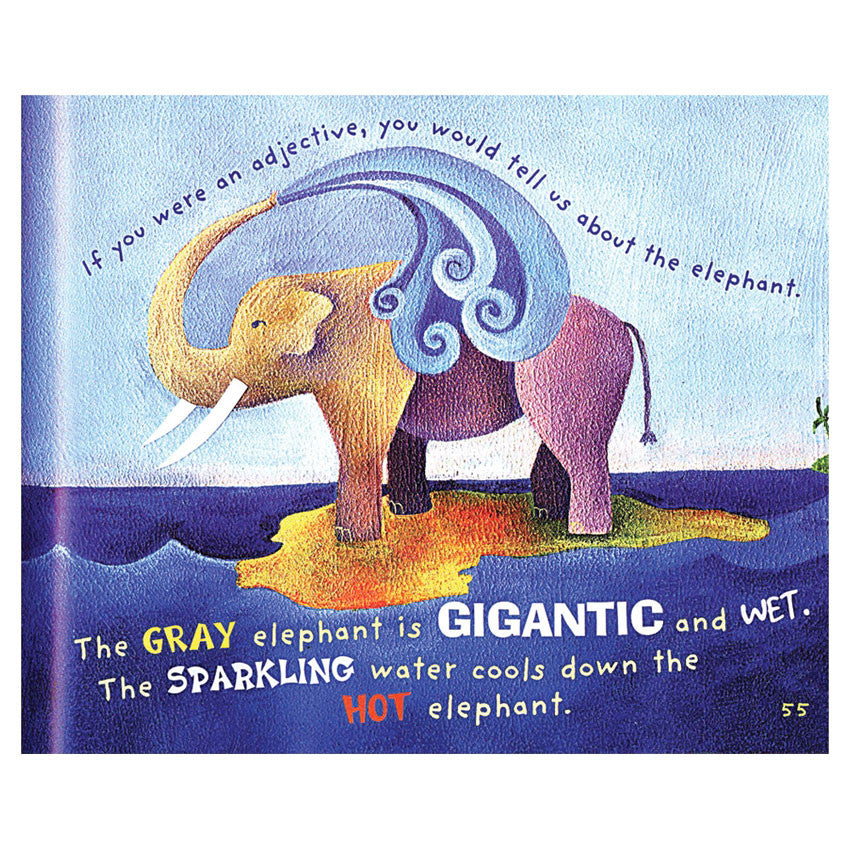Word Fun book sample page. The blue pages shows an elephant, on a patch of land surrounded by water, bathing with water picked up by its’ trunk. The text on the page reads “If you were an adjective, you would tell us about the elephant. The gray elephant is gigantic and wet. The sparking water cools down the hot elephant.” The adjectives are large, bold, and colored differently than the rest of the text.