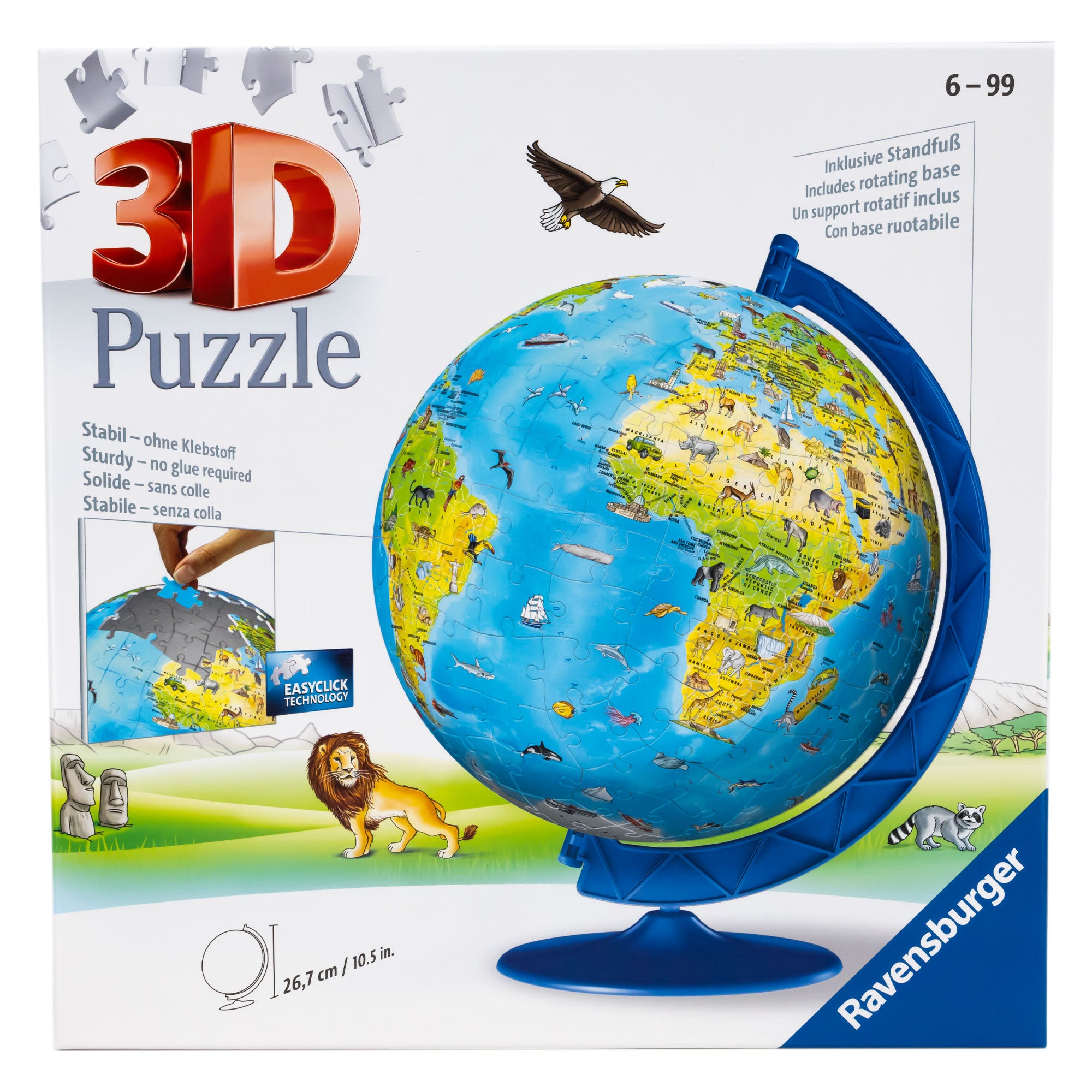 The Puzzleball Globe 180 piece set box. The box cover shows the completed globe puzzle on the blue stand included. The portion of the globe showing is Africa and South America. There is a picture to the left of a hand putting a puzzle piece in place. The background shows illustrations of Easter Island statues, a lion, and a racoon on grassy hills with hills, trees, and mountains in the back. The text on the box indicates that the puzzle is 3 D and for ages 6 to 99. The globe is 10.5 inches tall.