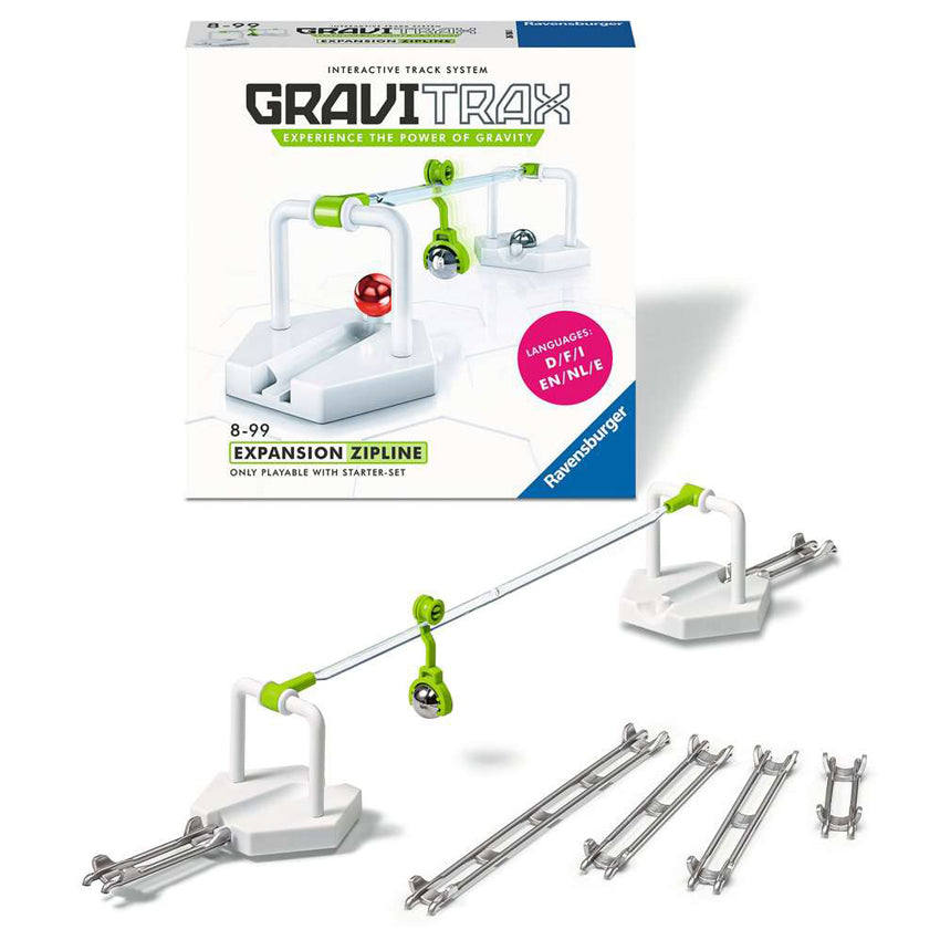 The GraviTrax zipline expansion set. The box cover in the back has the completed set on the cover. In front is the completed zipline. The base is 2 white hexagon shapes with zipline stands on each, and a long zipline piece connecting the 2 together and a silver marble on the zipline rolling across the line. There are rail pieces off to the side, that will allow you to connect the zipline piece to the main GraviTrax set.