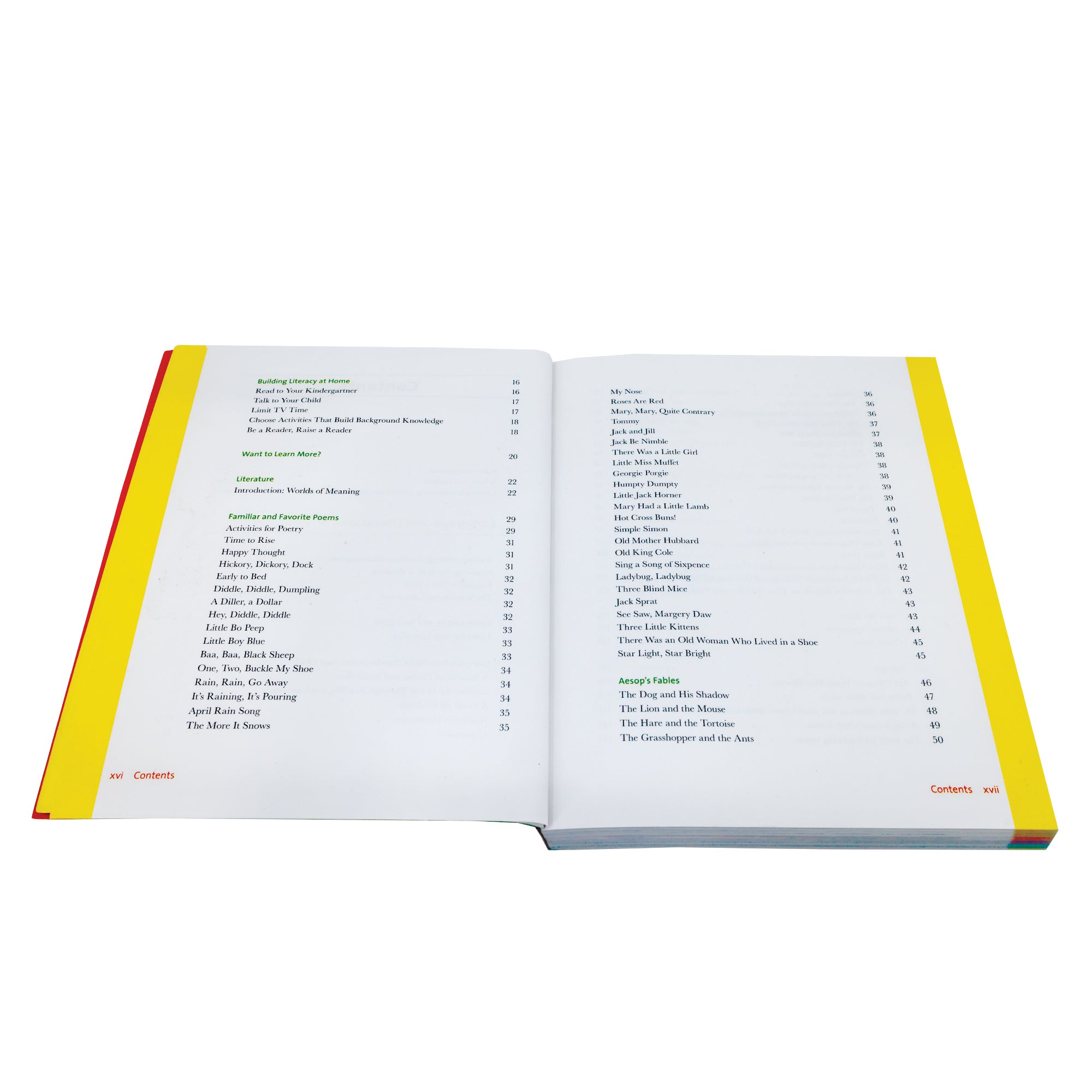 The What Your Kindergartener Needs to Know book open to show the contents on a white page with a yellow boarder along the outsides of the pages. The section titles are in green with black text below.