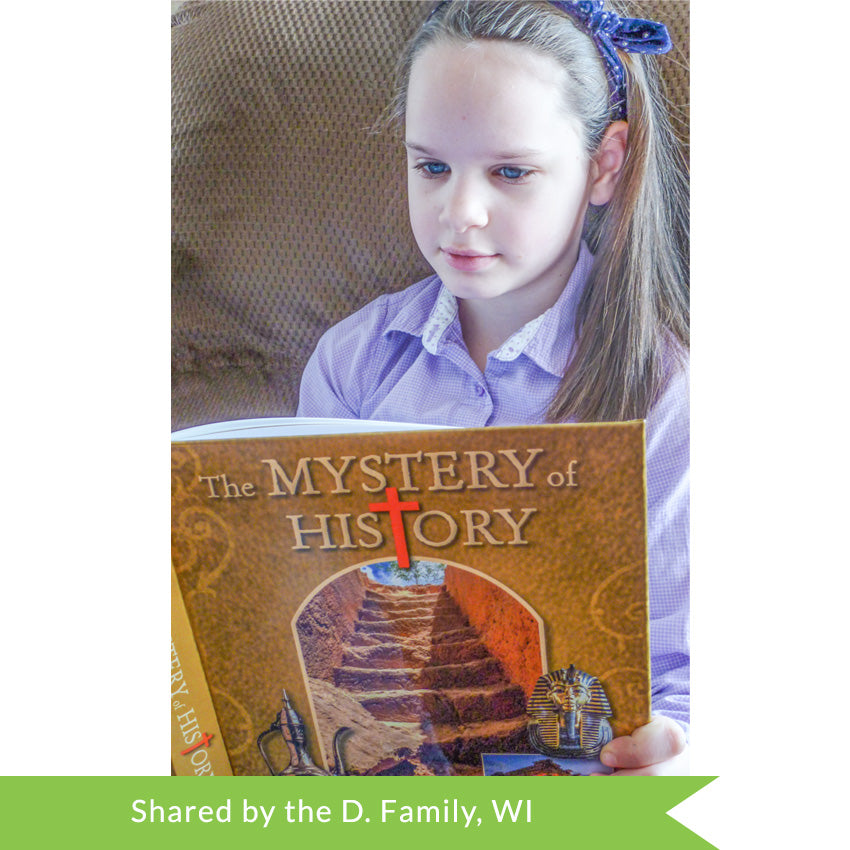 A customer photo of a light girl wearing a lavender colored shirt and reading the Mystery of History volume 1 book.  The cover is a mustard color with lighter swirls. In the middle is a framed photo of ancient stone steps. On the sides of the photo are photos of an old metal oil pot, the Parthenon, and a gold King Tut statue.