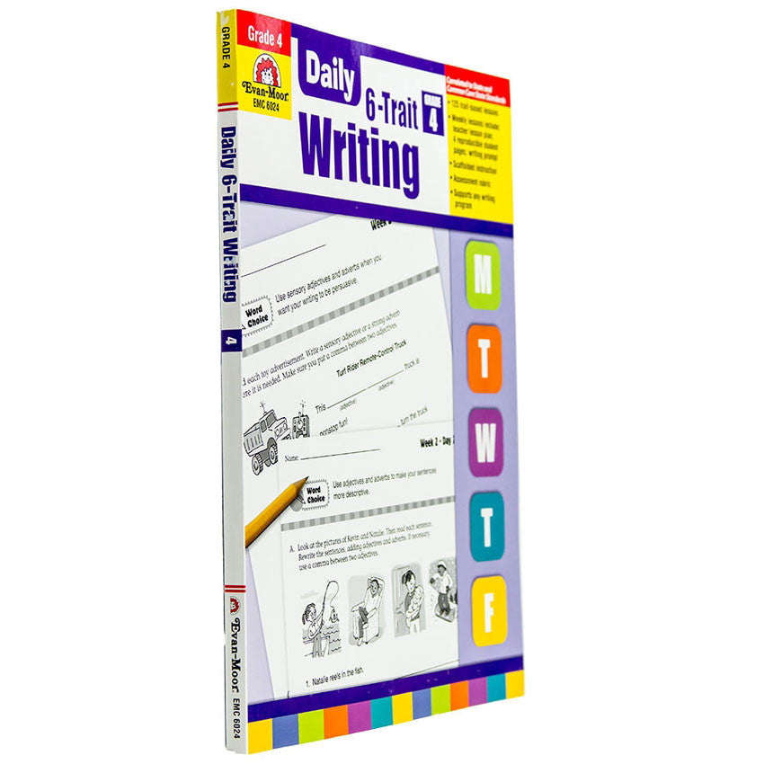 Daily 6 Trait Writing Grade 4 book. The background is white at the top, purple in the middle, and has a border at the bottom with many colored rectangles. There are colored squares off to the right with a letter in each square, including; M, T, W, T, F. There are 2 sample pages in the middle that show writing activities and illustrations.