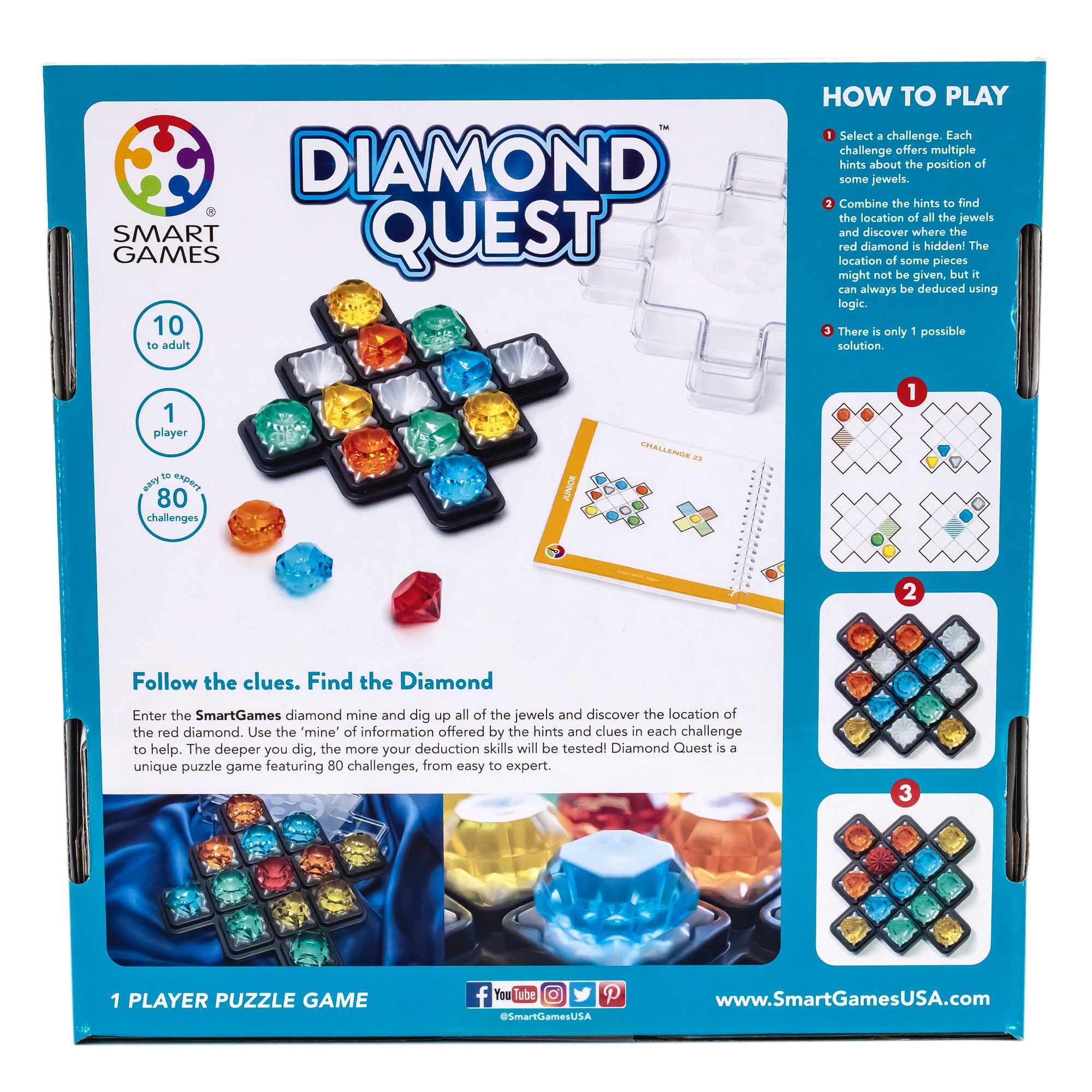 The Diamond Quest Smart Game box back. The main picture shows the game board with many gem pieces in place and 3 gems scattered in front of the game board. Below are 2 more pictures of the game board with pieces in place. To the right are 3 pictures showing how to play the game. The box indicates that the game is 1-player and recommended for ages 10 and older. There are 80 challenges.
