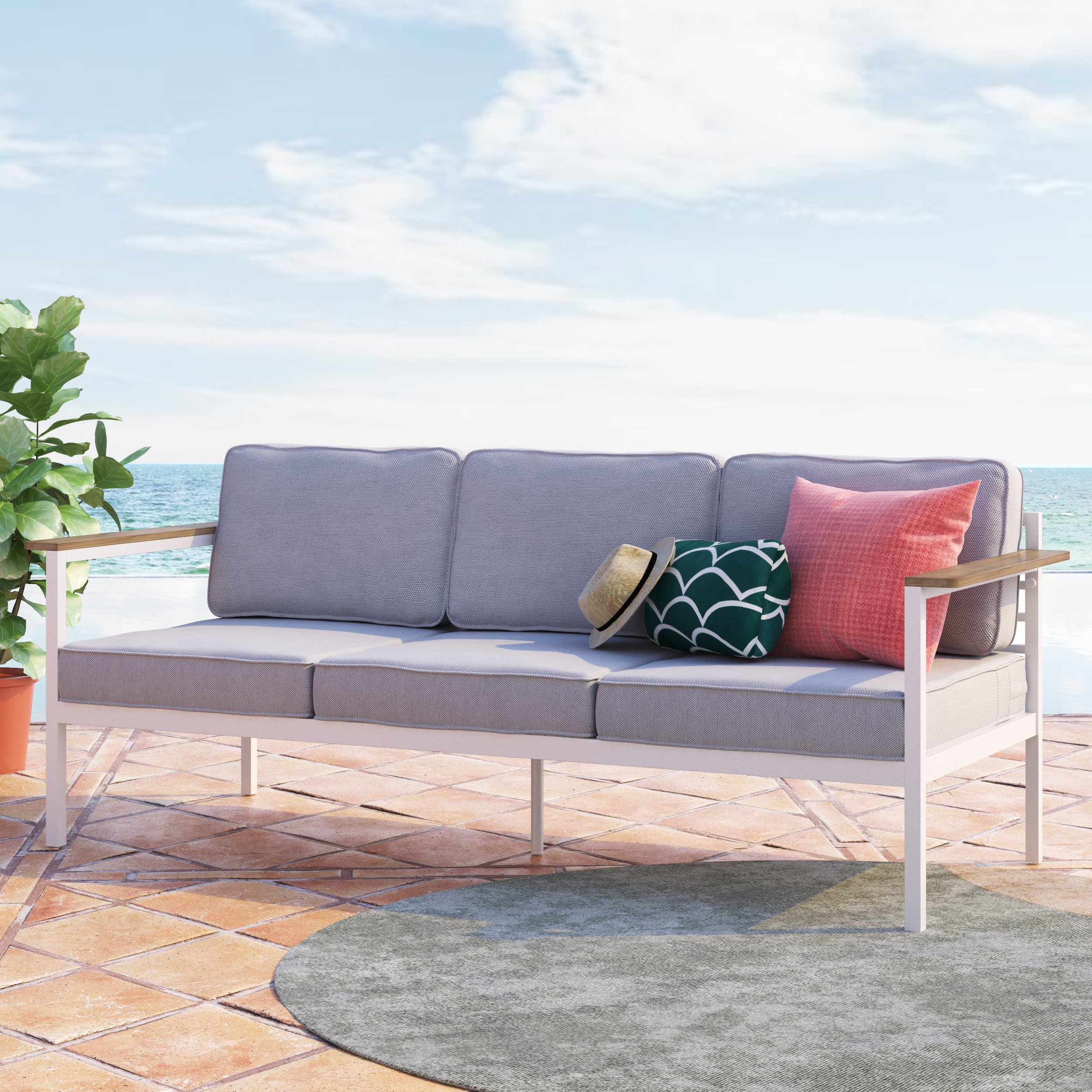 Pablo Aluminum And Acacia Wood Outdoor, Outdoor Wood Sofa With Cushions
