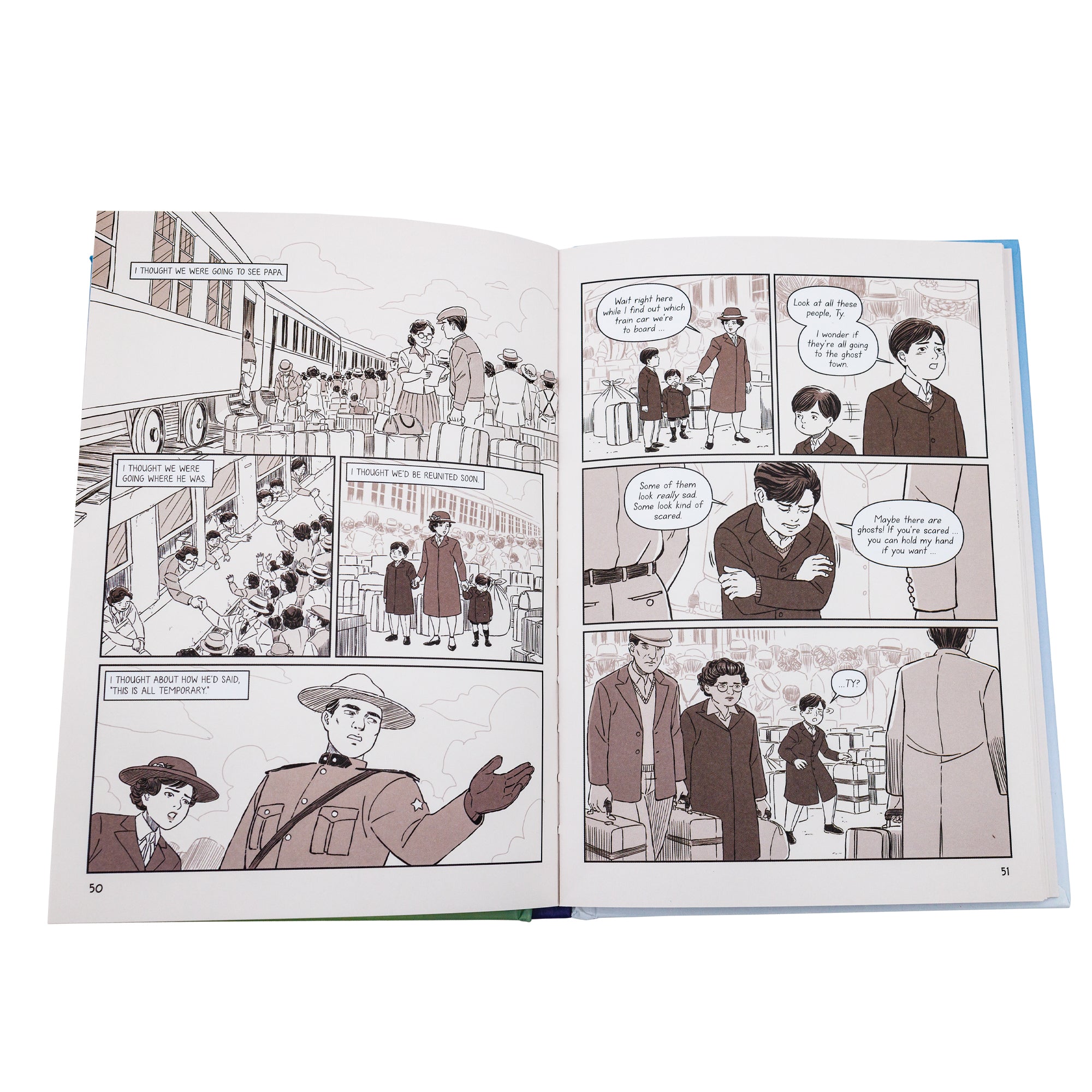 Stealing Home book open to show inside pages. The pages are in a comic book format. The part of the story on the pages shows a mother with her 2 boys departing a train and looking for their father, who wasn’t there. In the concern, the younger brother disappeared without notice.