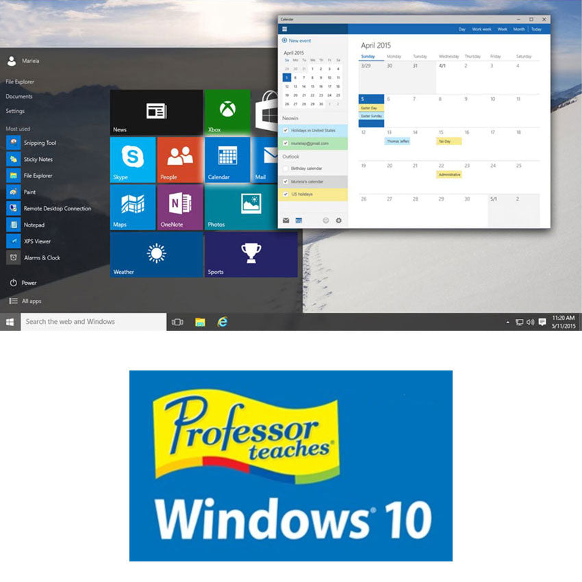 Professor Teaches Super Set DVD-Rom screenshot of the Windows 10 tutorial. Screen shows the Windows 10 main screen with a calendar window in the upper right of the screen.