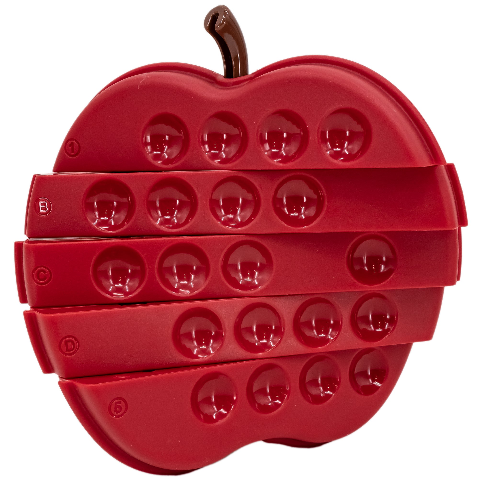 The Apple Twist Smart Game board. It is a red apple with a brown stem with lines horizontally through it. Some of the pieces on the board are partially twisted. The board has rounded dents to allow placement for the caterpillar pieces that come with the game.