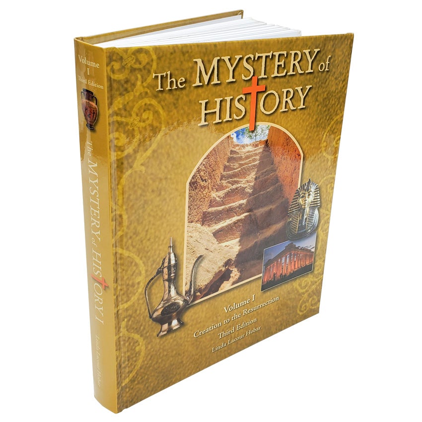 The Mystery of History volume 1 book turned slightly to show spine and cover. The cover is a mustard color with lighter swirls. In the middle is a framed photo of ancient stone steps. On the sides of the photo are photos of an old metal oil pot, the Parthenon, and a gold King Tut statue. 