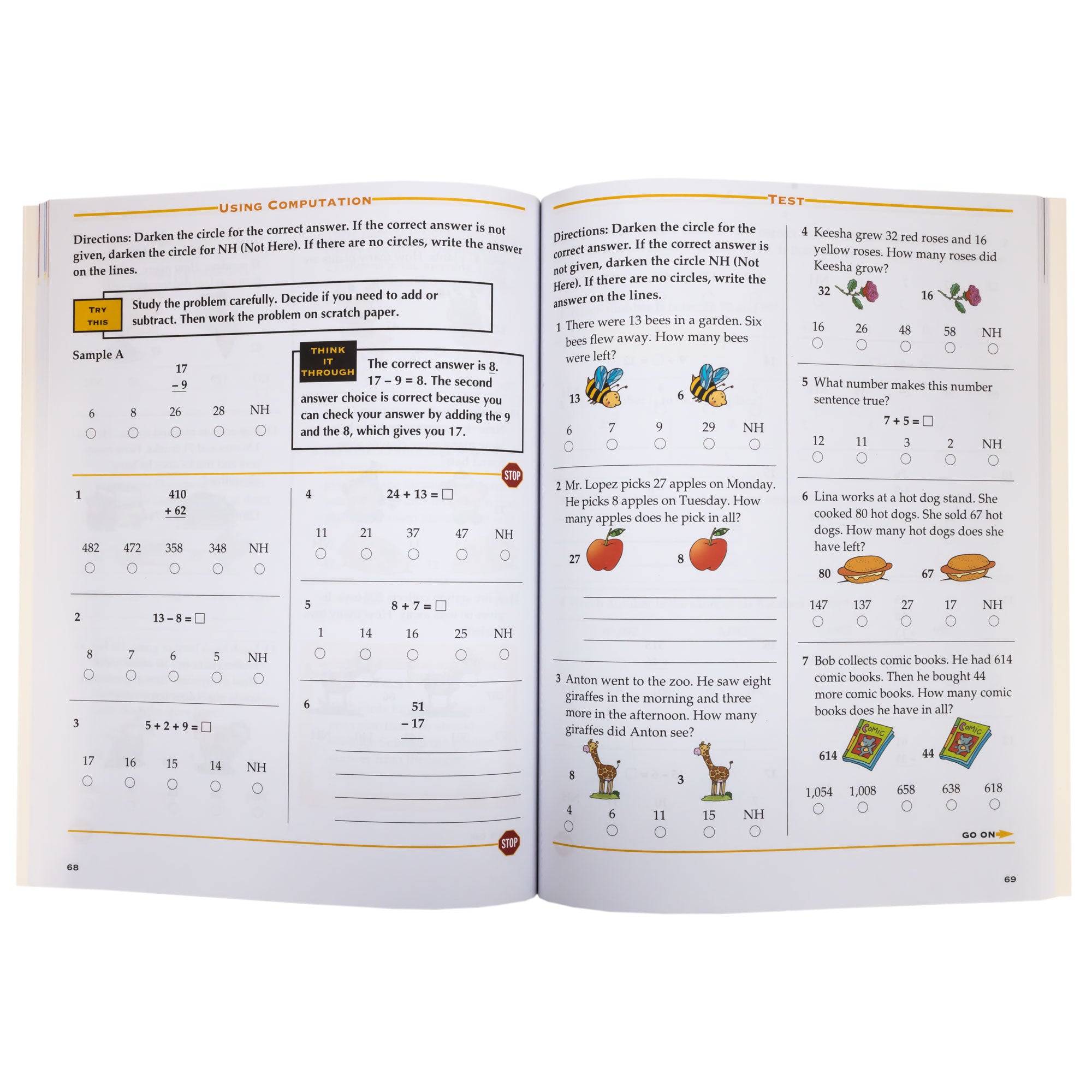 Test Prep Grade 2 book open to show inside pages. The left page, titled “Using Computation,” has 6 multiple choice problems with a sample question at the top. The right page, titled “Test,” has 7 multiple choice problems with several illustrations.