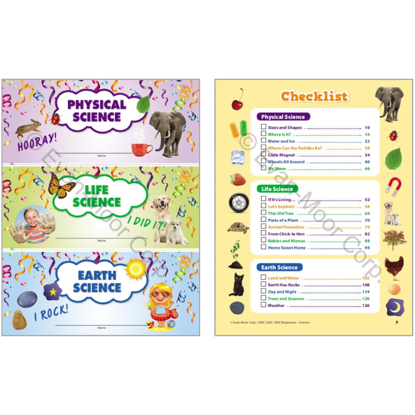 Skill Sharpeners Science Grade K sample pages. The left page shows 3 rectangle badges with confetti backgrounds and illustrations randomly placed. The top badge is purple and reads “Physical Science” and “horray!” The middle badge is green and reads “Life Science” and “I did it!” The bottom badge is blue and reads “Earth Science” and “I rock!” The right page is a checklist of sections within Physical Science, Life Science, and Earth Science. The page is light yellow with white and images down the sides.