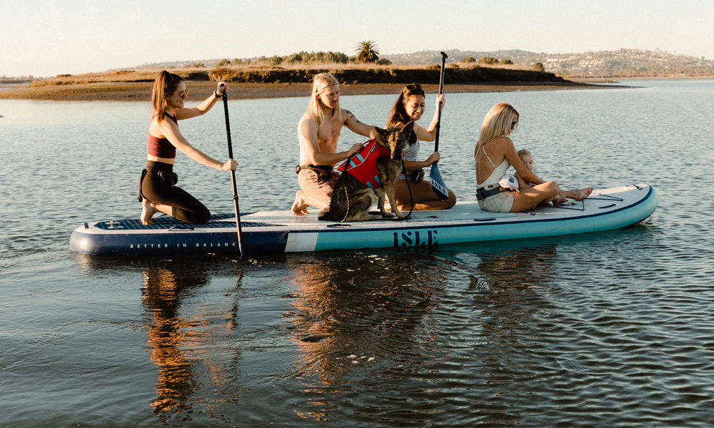 4 adults, baby and dog on paddle board