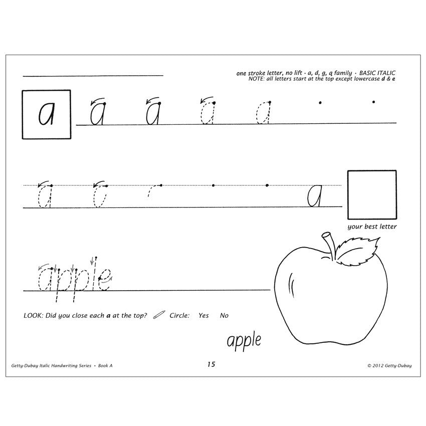 Italic Handwriting Book A sample page for the letter A with an outline image of an apple.