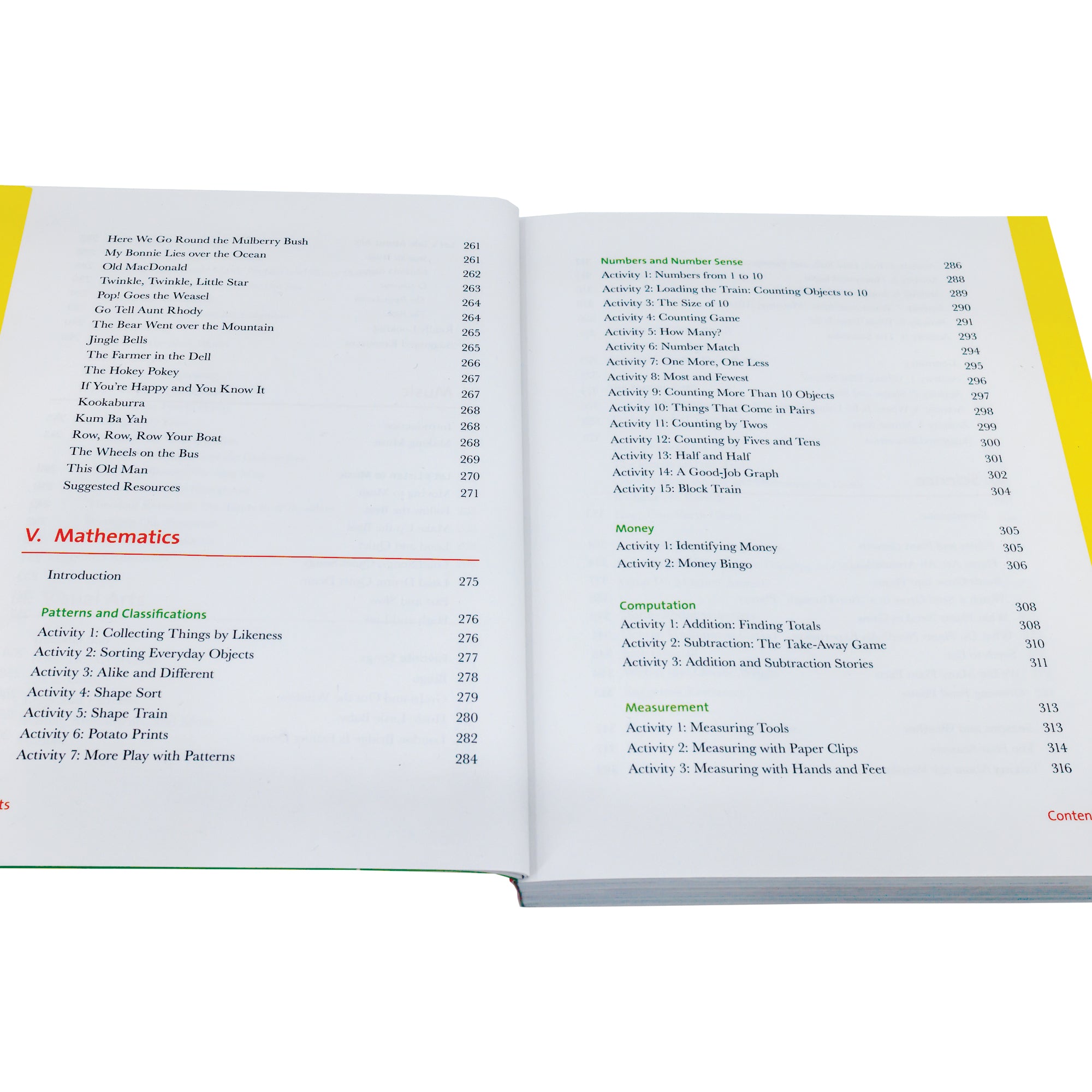 The What Your Kindergartener Needs to Know book open to show the contents on a white page with a yellow boarder along the outsides of the pages. The section titles are in red with green subsection titles and black text below. Section 5 is titled “Mathematics.”