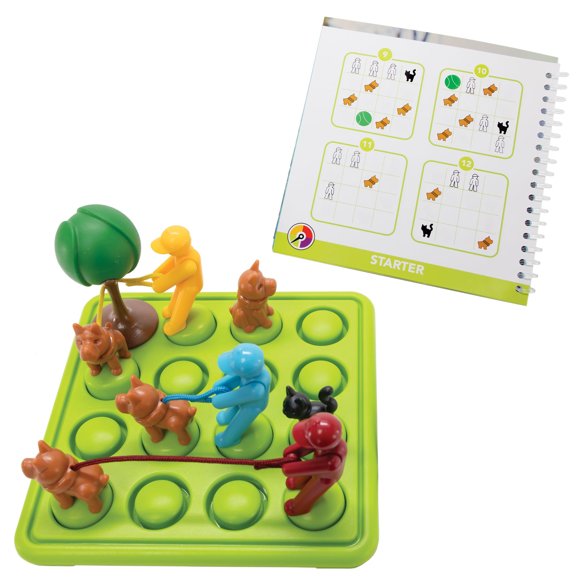 Walk the Dog Smart Game. The square game board is bright green with a grid of 4 by 4 circles that allow pieces to be placed on top. The pieces on top are colorful men with leashes attached to a dog, a cat, and a tree piece. In the upper-right is a spiral bound game book with a starter challenge.